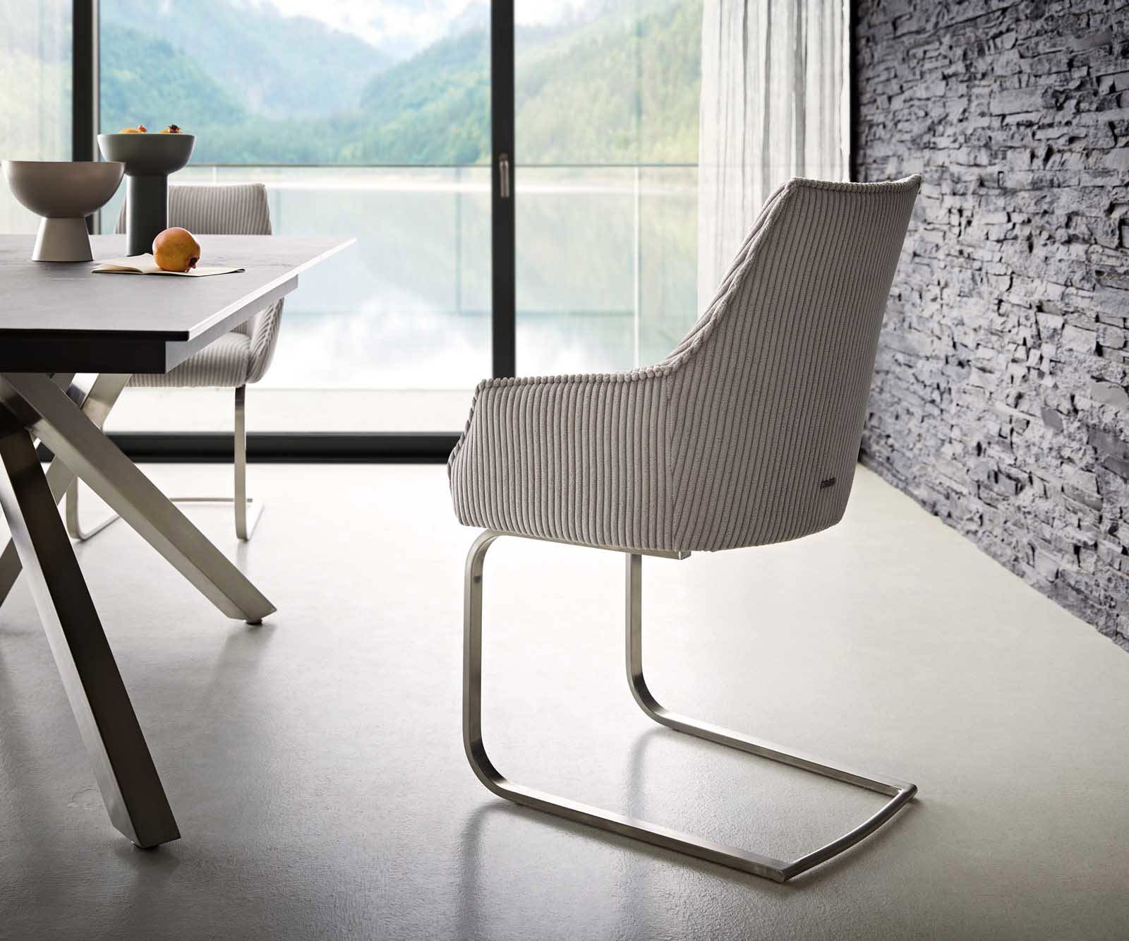 Cantilever Alja-Flex avec accoudoirs côtelé gris argenté pied cantilever plat acier inoxydable brossé ressorts ensachés 4