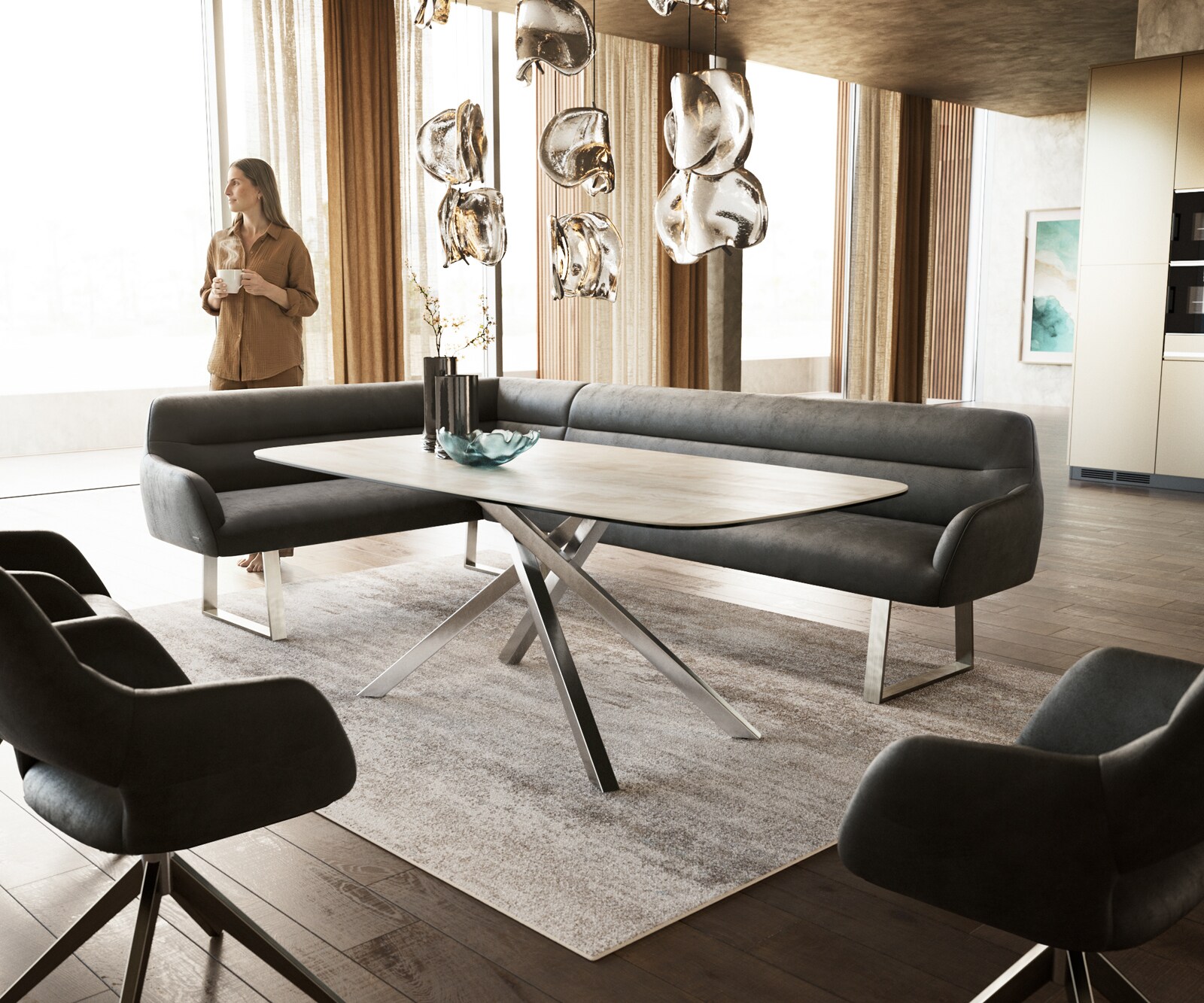 Banc-de-salle-à-manger Taya-Flex 285x190 cm microfibre antracite vintage piètement à patins angulaire acier inoxydable ressort ensaché à droite 1