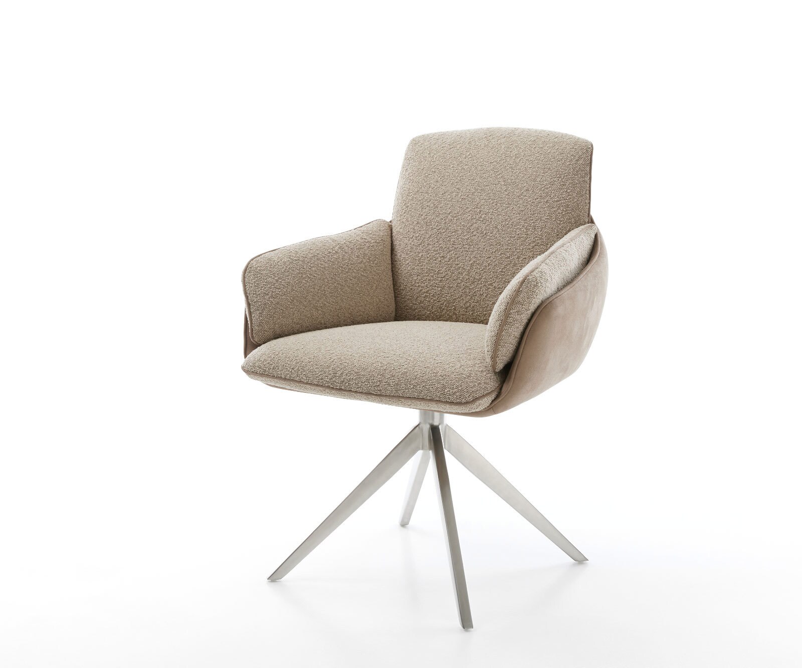 Chaise-pivotante Luan-Flex avec accoudoirs tissu mixte couleur boue pied croisé large acier inoxydable brossé pivotement sur 360°