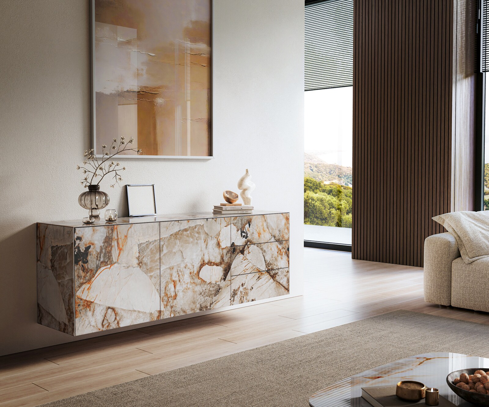 Buffet Cuor 180 cm Céramique Patagonia raffinée 2 Portes 3 Tiroirs Flottant