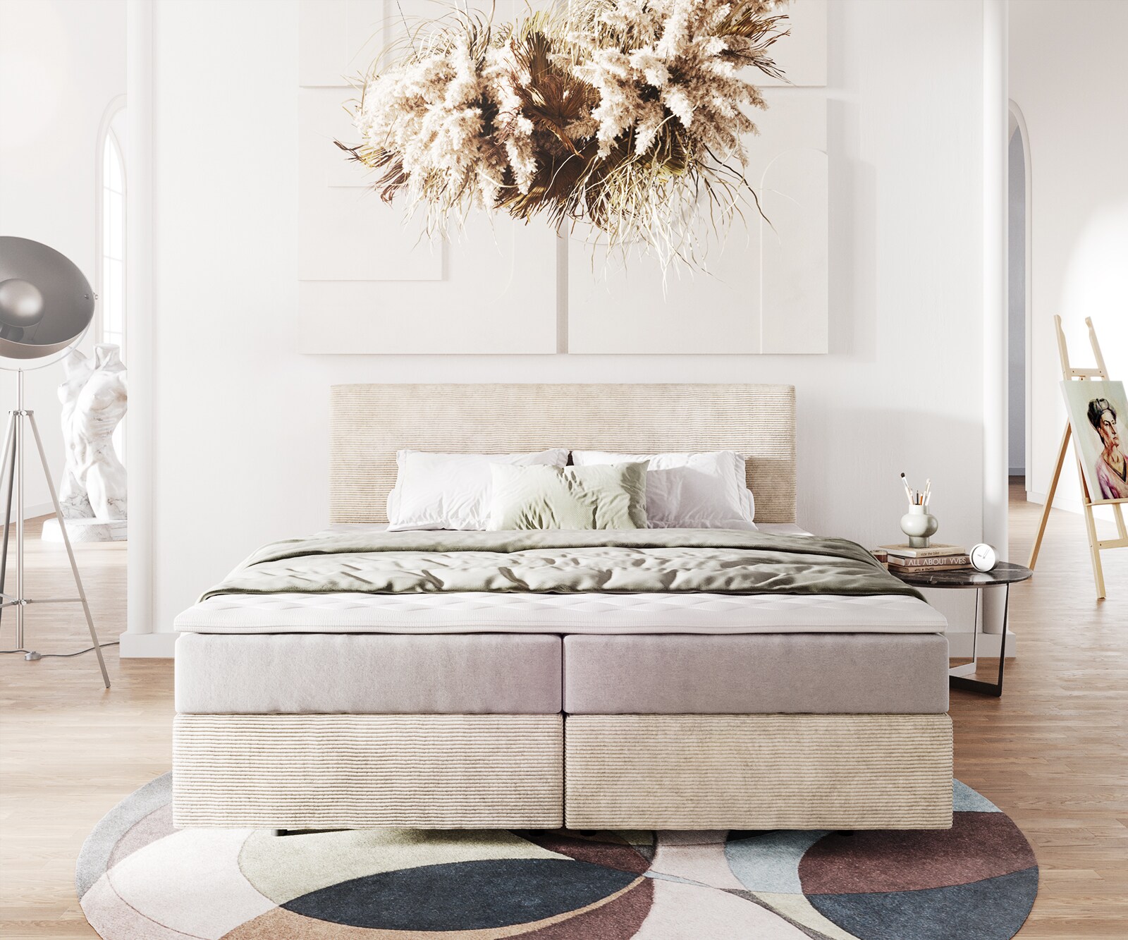 Lit-à-sommier-tapissier  Dream-Well 180x200 cm velours côtelé beige avec matelas à ressorts ensachés et surmatelas viscoélastique 1