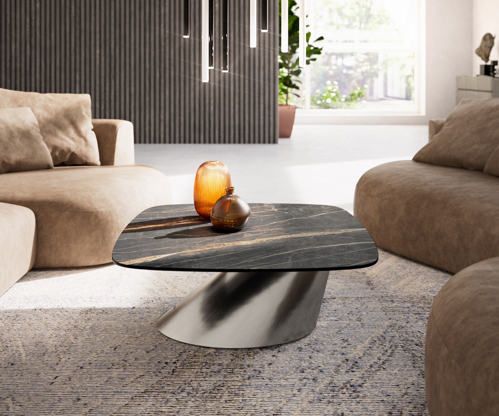 Table basse Edge Boot 90x90 cm céramique Laminam® Noir Desir brun Conis acier inoxydable brossé 2