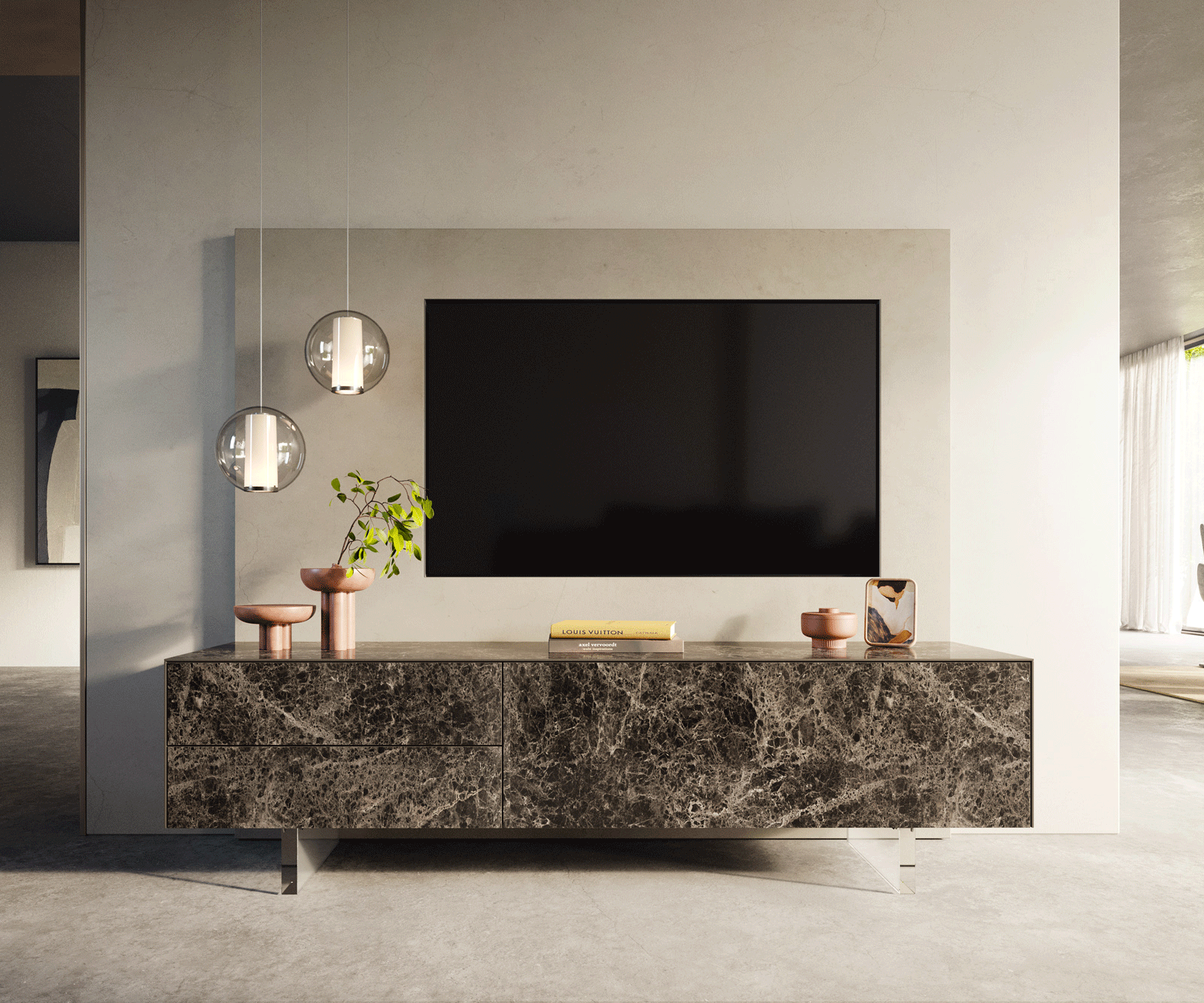 Meuble-TV Cuor 180 cm Céramique Laminam® Emperador Extra Lucidato brun foncé 1 Clapet 2 Tiroirs Pied optique flottant Verre acrylique 2