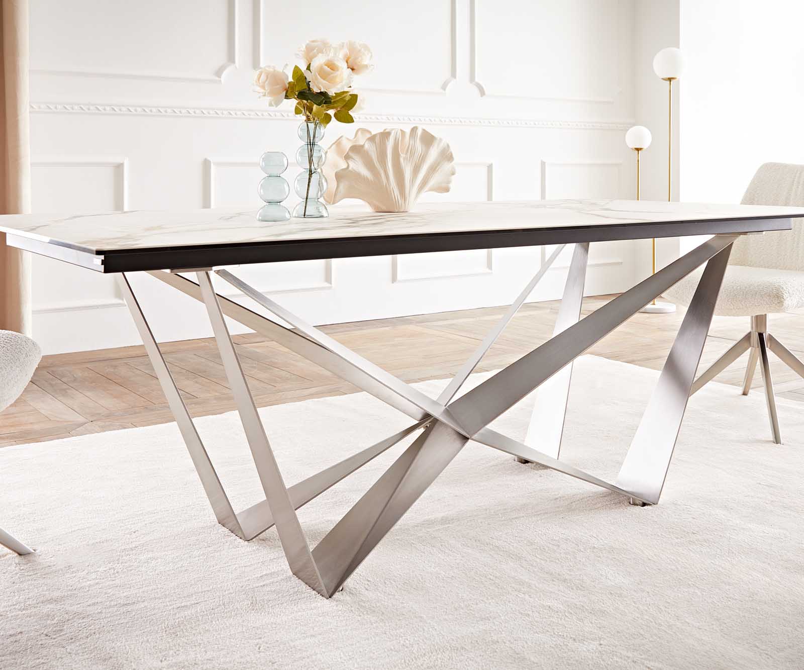 Table à manger Edge 200x100 céramique Calacatta Luxe blanc-doré-gris Spider acier plat acier inoxydable 6