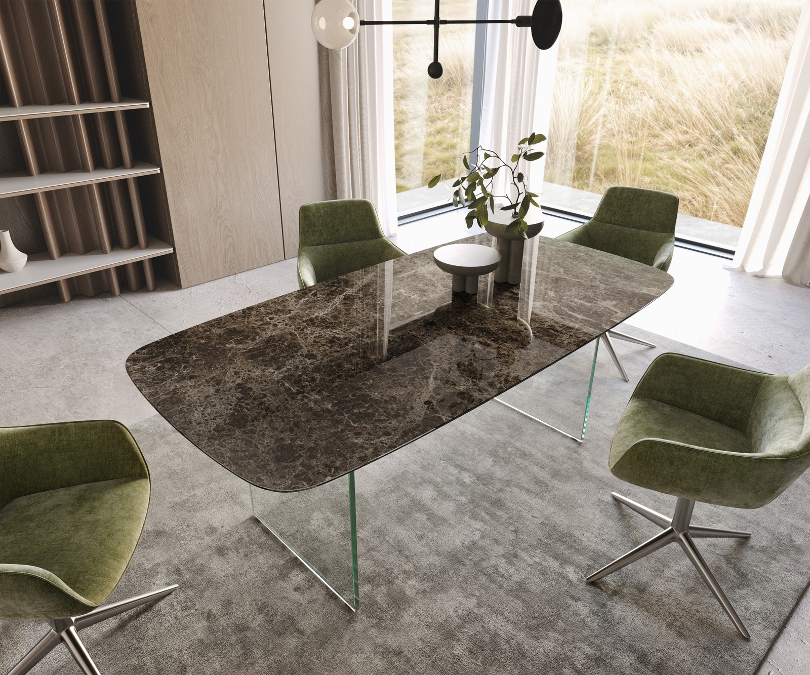 Table de salle à manger Edge Boot Céramique Emperador Extra Lucidato Brun foncé 200x100 Piètement Verre