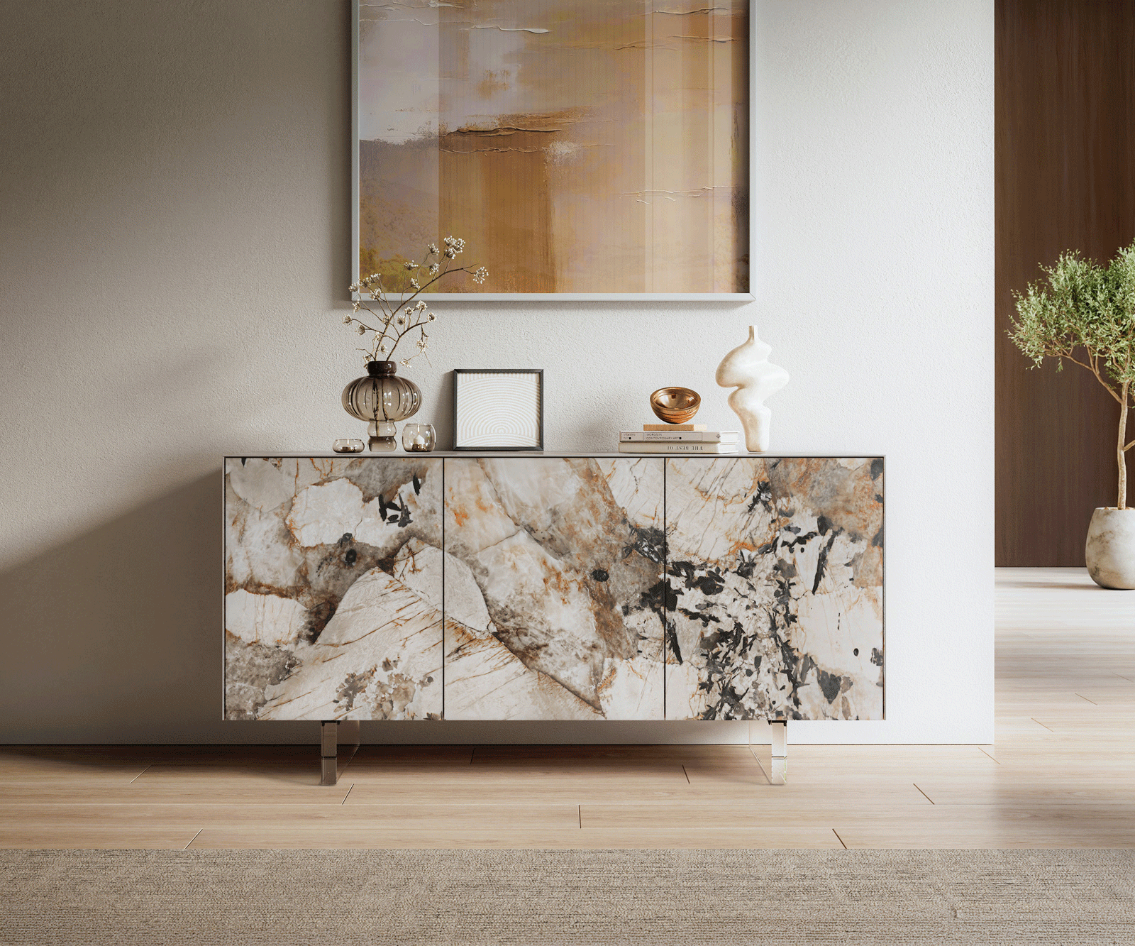 Buffet Cuor 150 cm Céramique Patagonia raffinée 3 Portes Pied optique flottant Verre acrylique 2