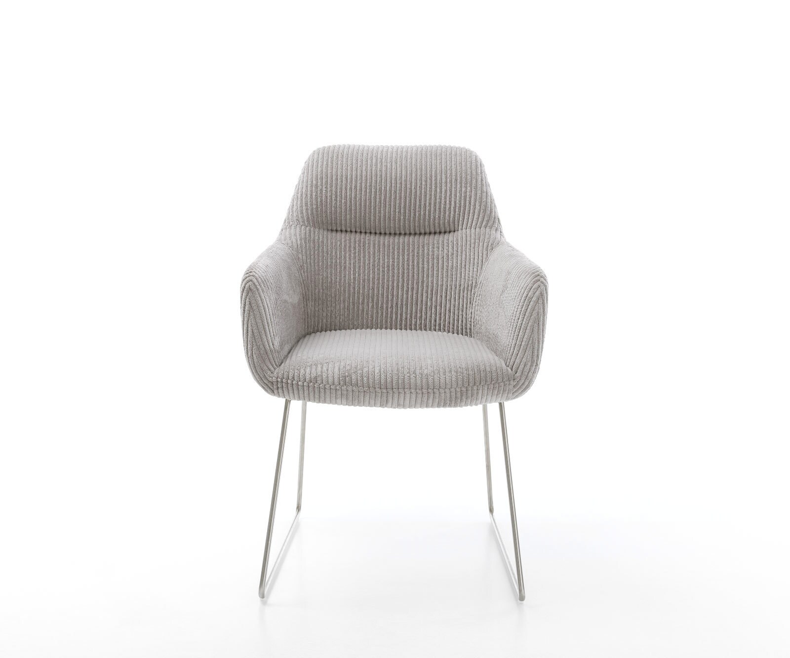 Chaise-de-salle-à-manger Pejo-Flex côtelé gris argenté pied trapèze acier inoxydable brossé ressorts ensachés 2