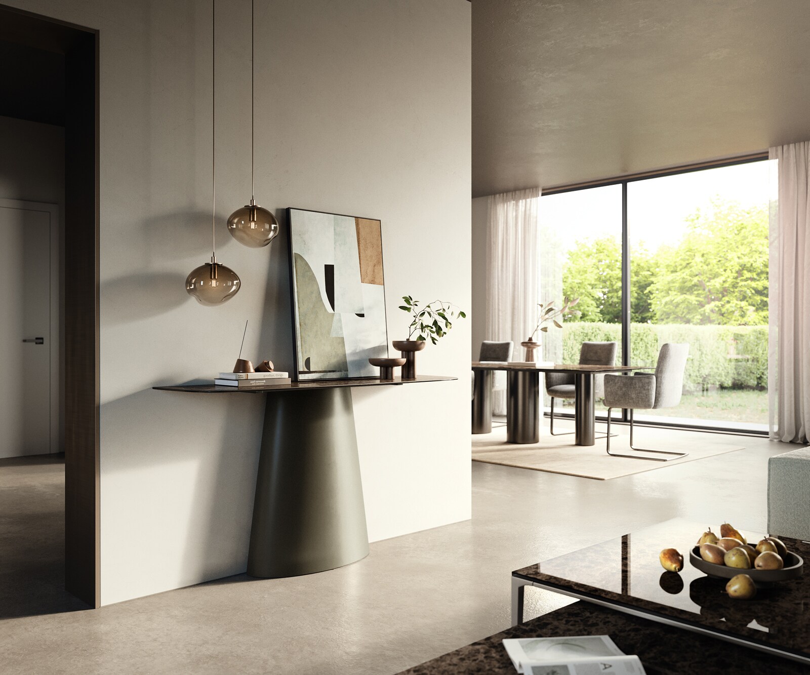 Console Edge forme bateau 140x40 cm Céramique Emperador Extra Lucidato Dunkelbraun Conos Métal Effektfinish Titan 7