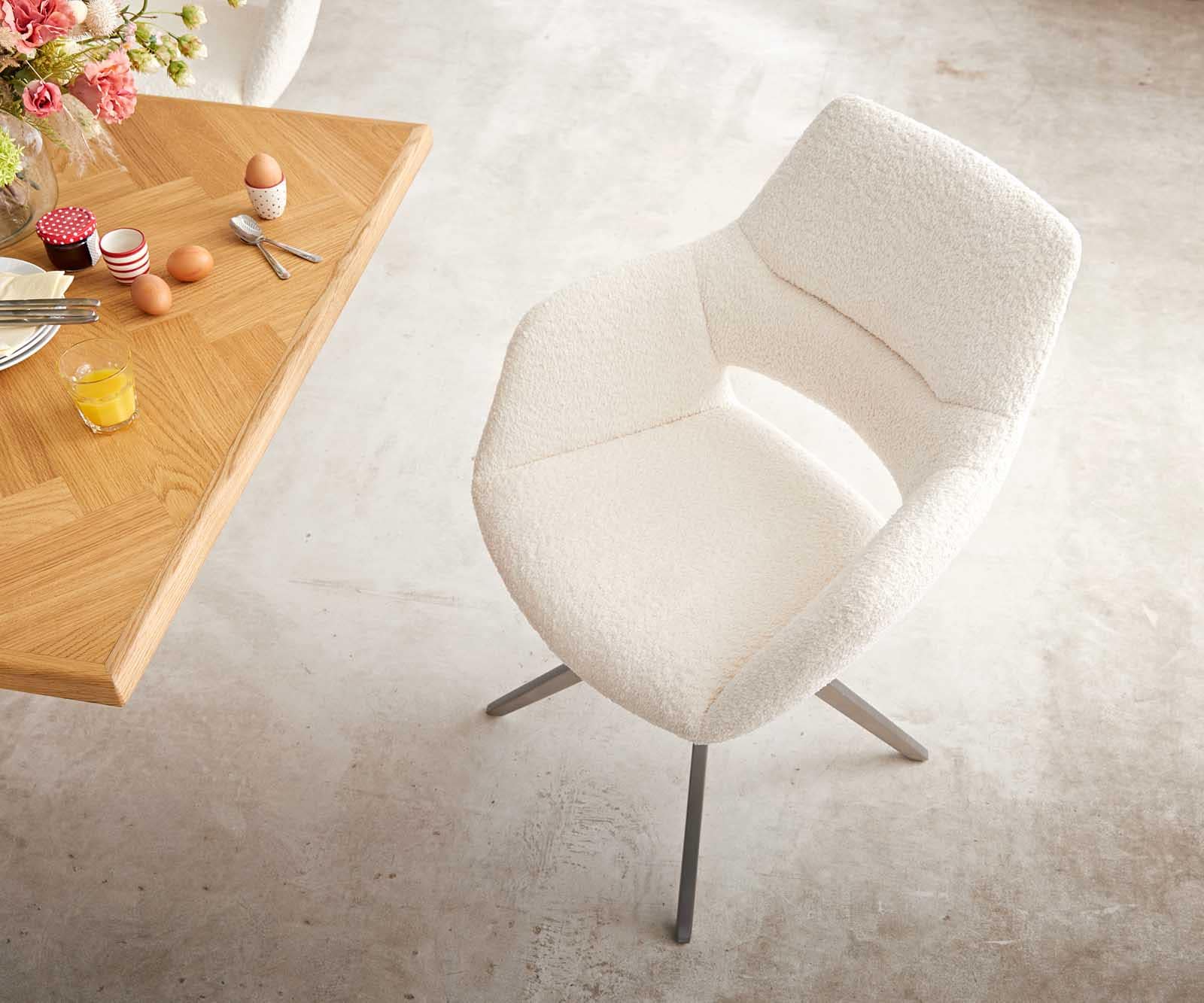 Chaise-pivotante Yago-Flex avec accoudoirs bouclé blanc pied croisé large acier inoxydable brossé pivotement sur 360° ressorts ensachés 3 Chaise-pivotante Yago-Flex avec accoudoirs bouclé blanc pied croisé large acier inoxydable brossé pivotement sur 360° ressorts ensachés 3