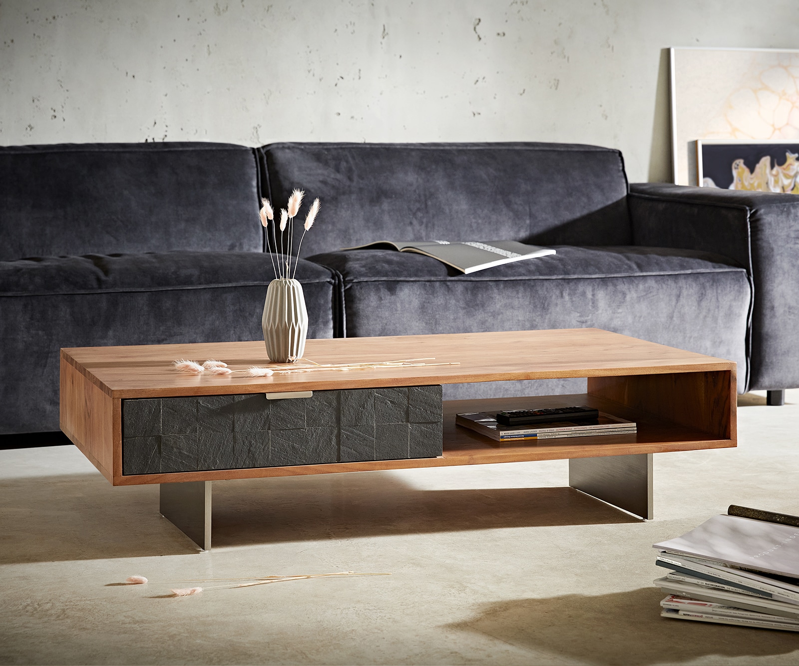 Table-basse Teele 115x60 cm acacia naturel ardoise 2 tiroirs pied flottant inoxydable Table-basse Teele 115x60 cm acacia naturel ardoise 2 tiroirs pied flottant inoxydable