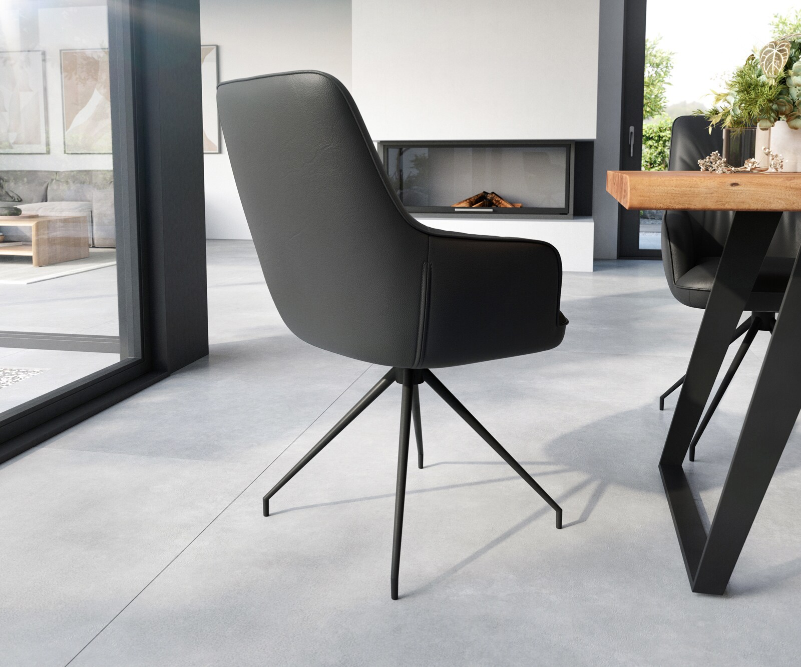 Chaise-de-salle-à-manger Zelia-Flex avec accoudoirs cuir de vache noir pied croisé conique noir ressorts ensachés 4
