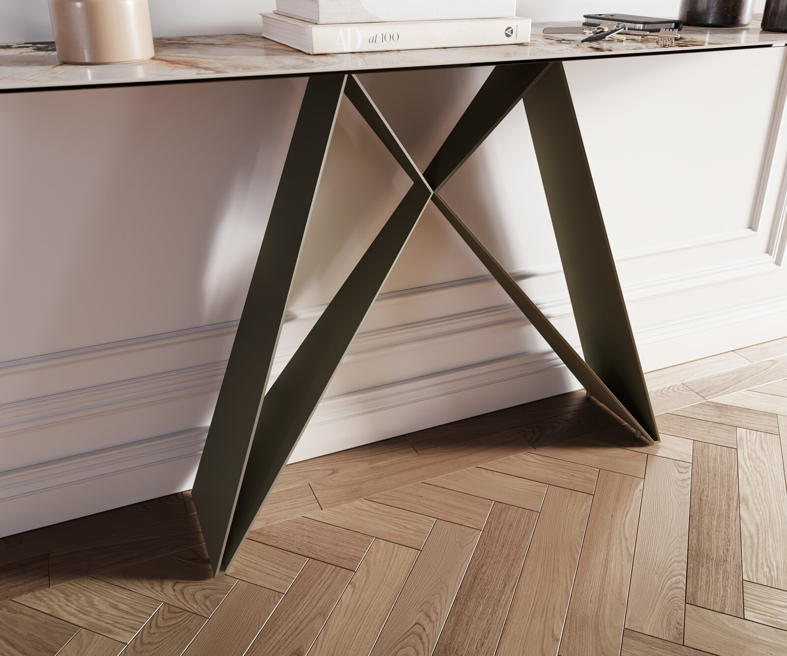 Console Edge forme bateau 180x40 cm Céramique Patagonia Poliert Velio Métal Effektfinish Titan 6