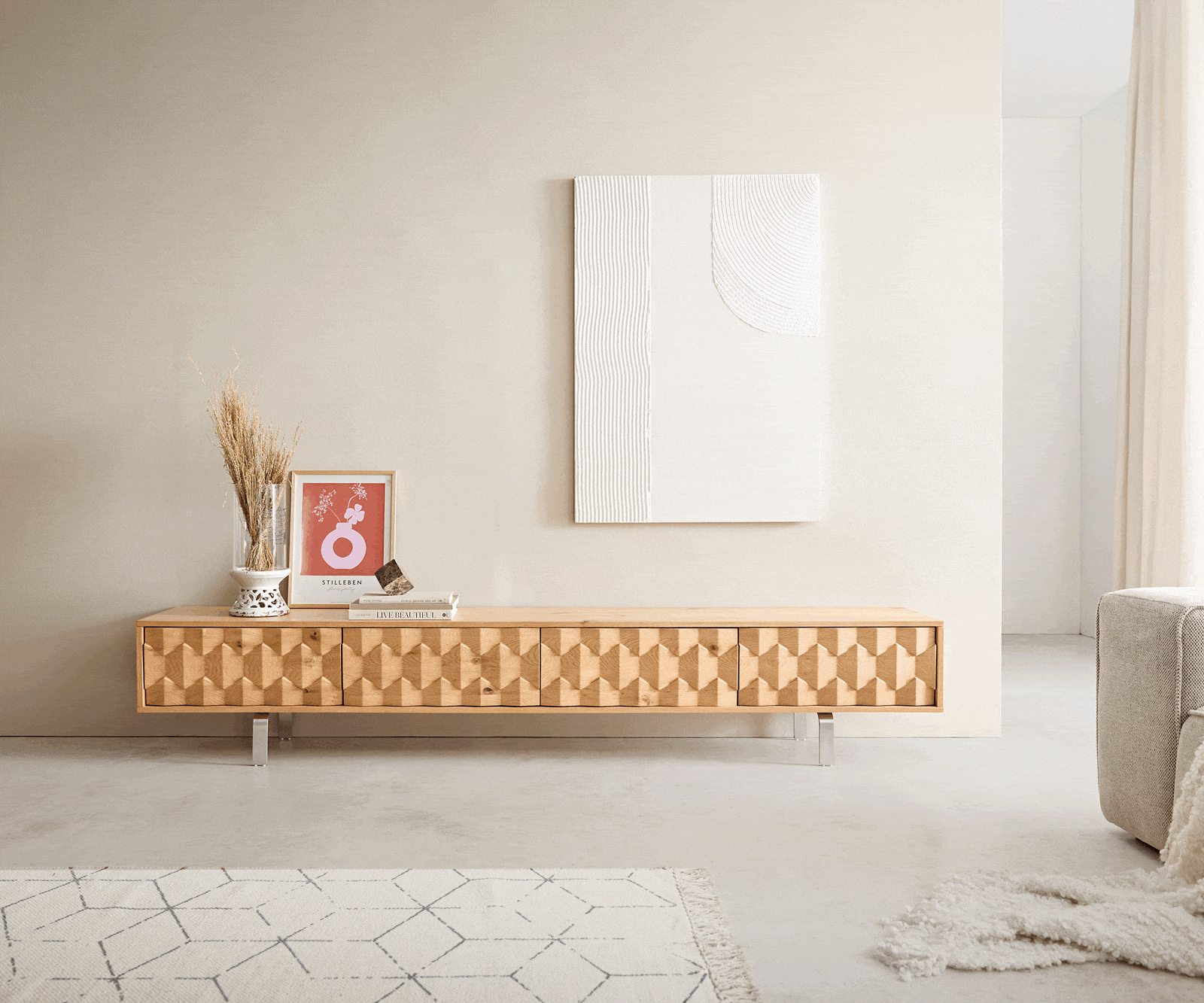 Meuble-TV Fevo 220 cm chêne naturel 4 portes pied en L inoxydable 2 Meuble-TV Fevo 220 cm chêne naturel 4 portes pied en L inoxydable 2