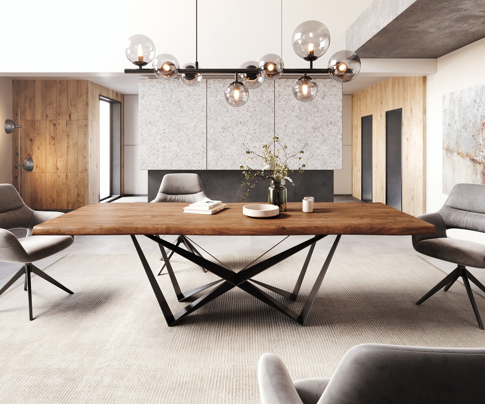 Table à manger Edge 260x100 XL acacia marron Spider acier plat noir Live-Edge 2