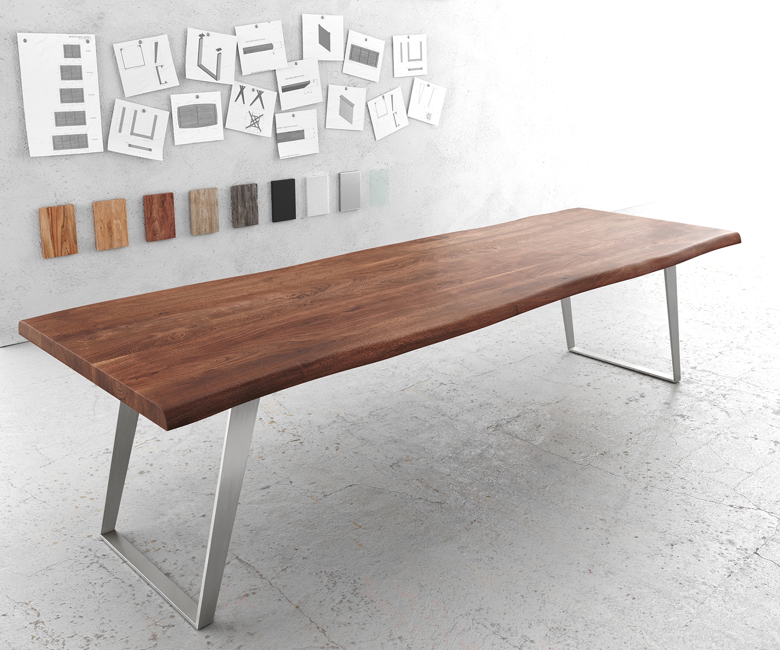 Table-à-manger Edge 300x100cm XL acacia marron acier inoxydable argent incliné Live-Edge 1