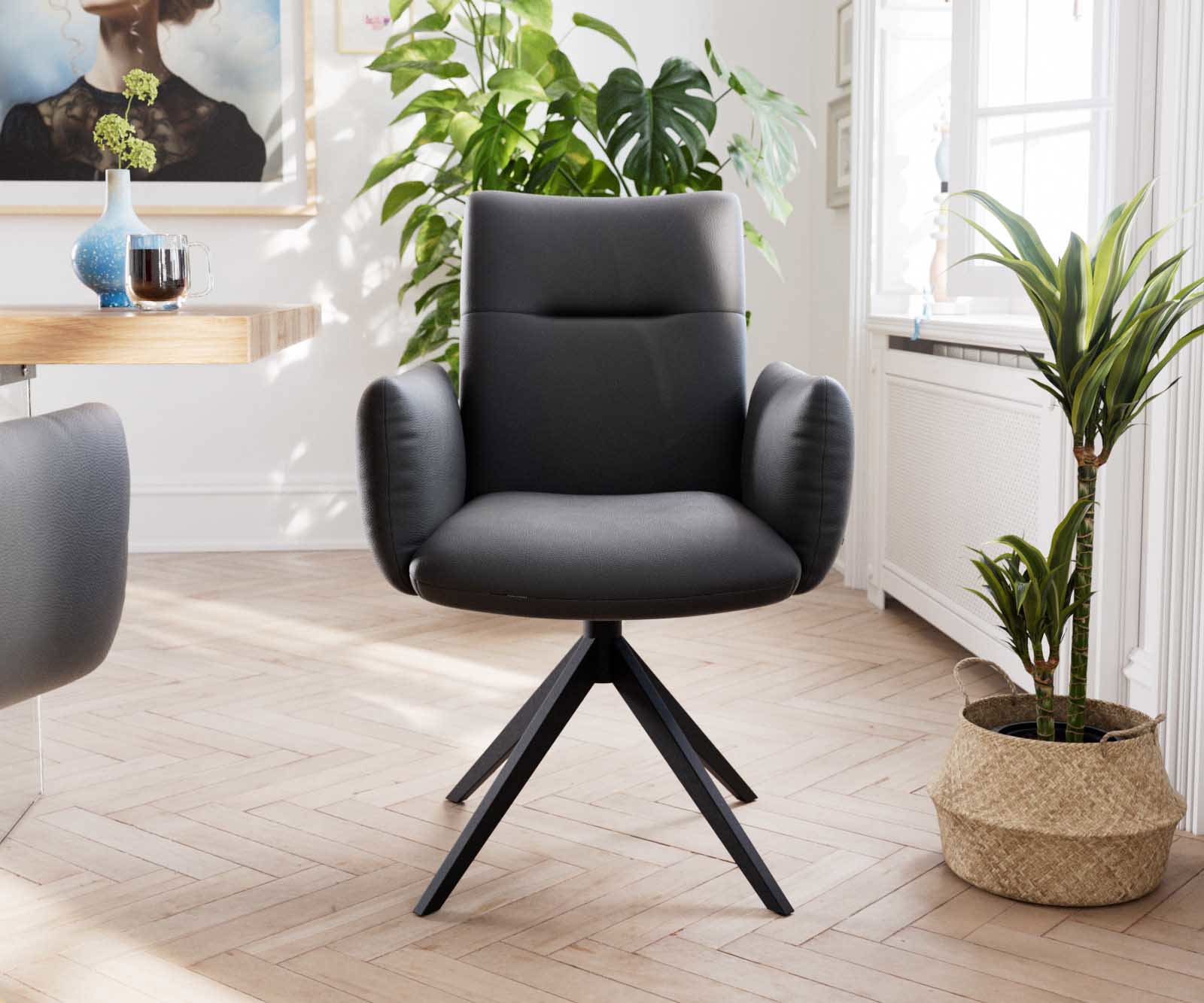 Chaise-pivotante Jova-Flex avec accoudoirs cuir de vache noir pied croisé large noir pivotement sur 360° ressorts ensachés 1 Chaise-pivotante Jova-Flex avec accoudoirs cuir de vache noir pied croisé large noir pivotement sur 360° ressorts ensachés 1