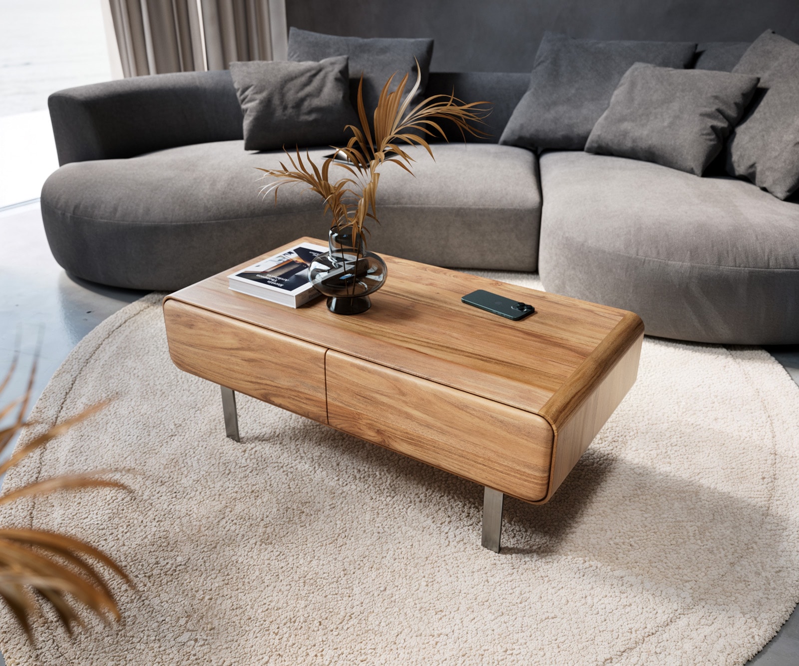 Table-basse Anaya 100x50 cm acacia naturel 2 tiroirs pied en L inoxydable