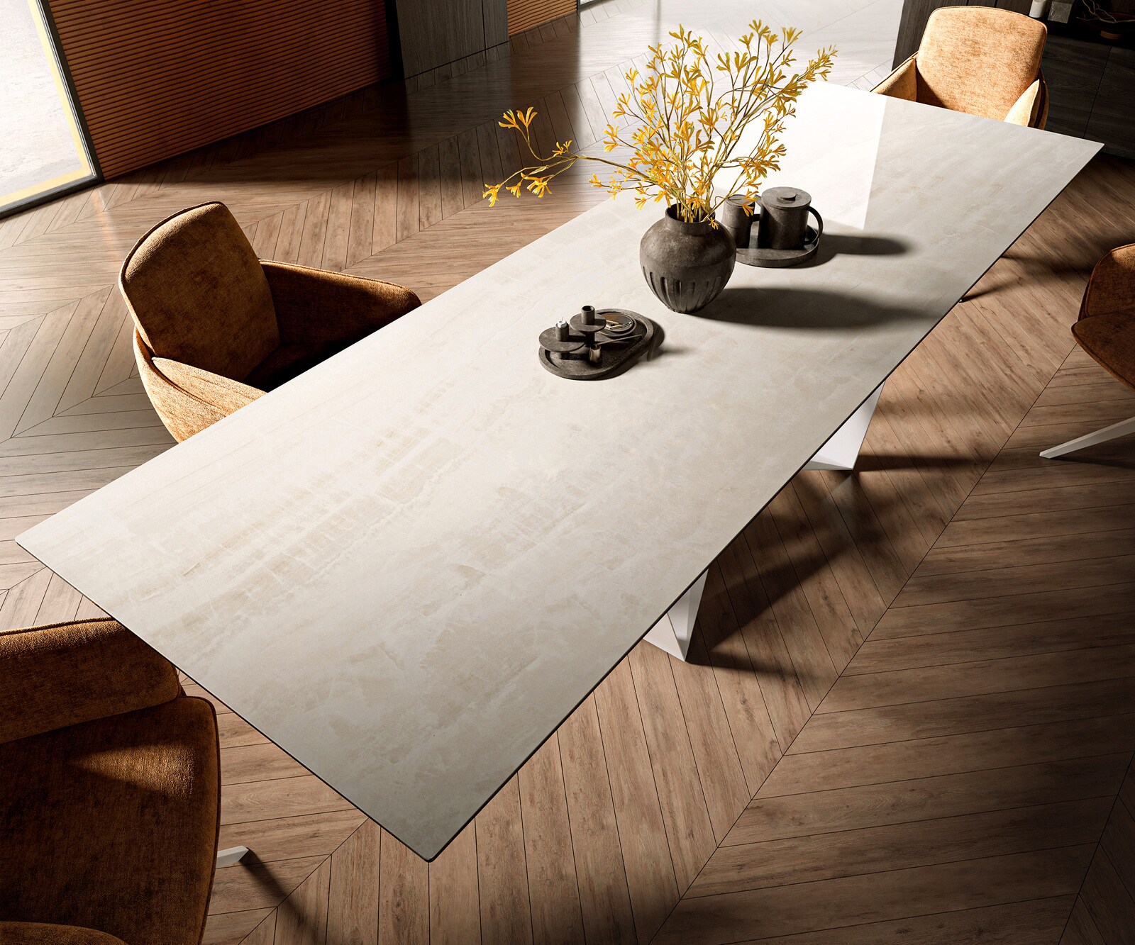 Table à manger Edge 300x100 cm céramique Onyx Champagne Spider métal blanc 3