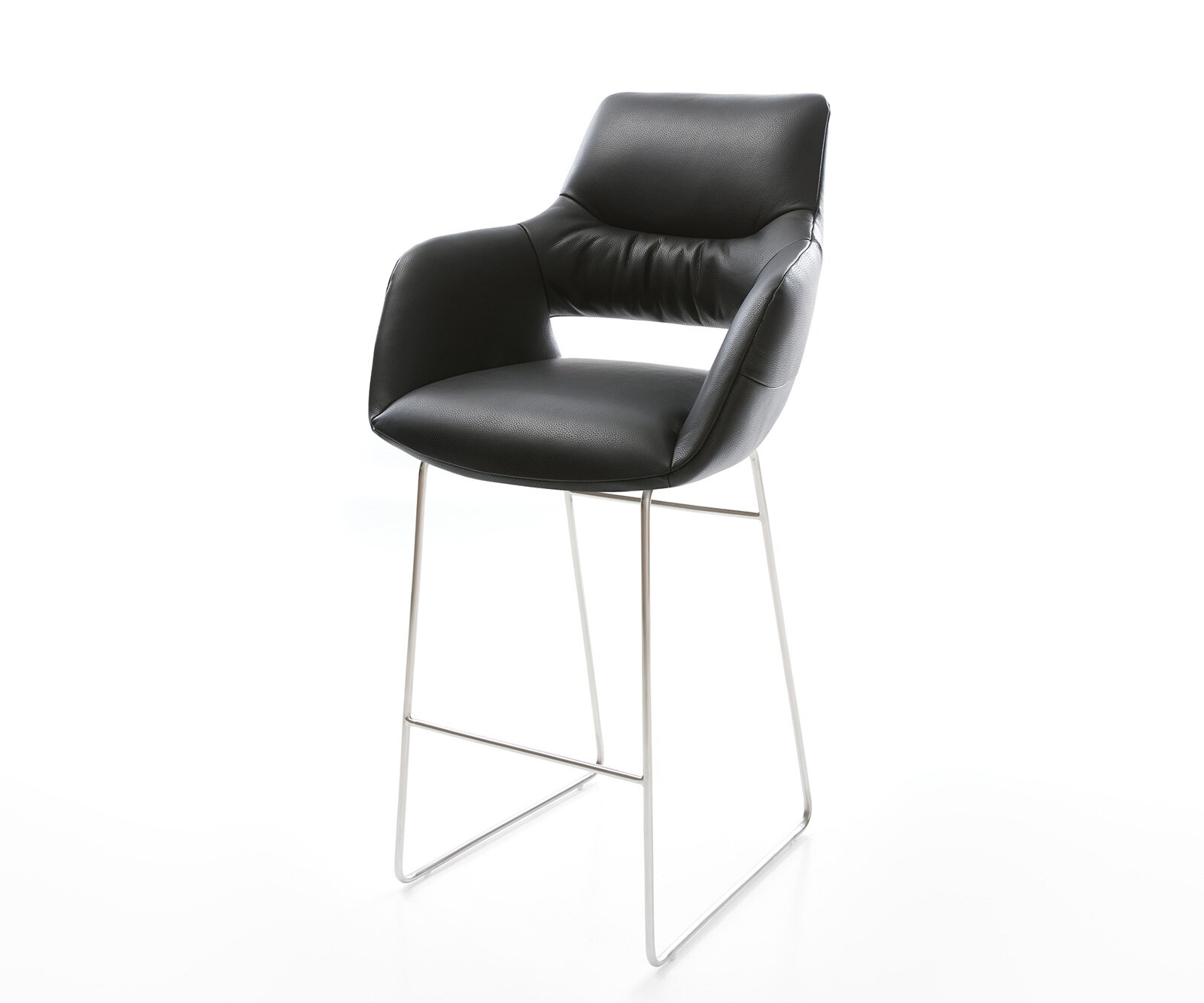 Chaise-de-bar Yago-Flex cuir véritable noir piètement traîneau inox ressorts ensachés