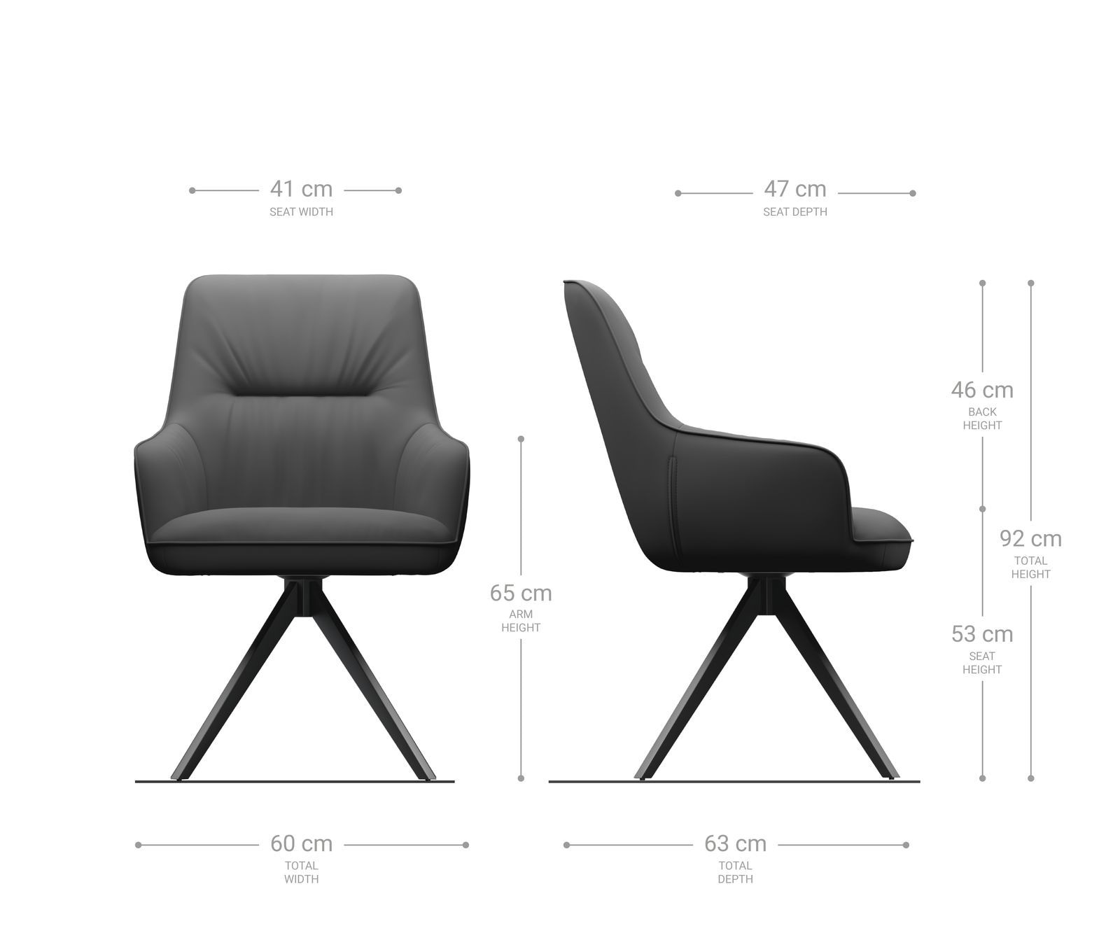 Chaise-de-salle-à-manger Zelia-Flex avec accoudoirs cuir de vache noir pied croisé large acier inoxydable brossé ressorts ensachés 6