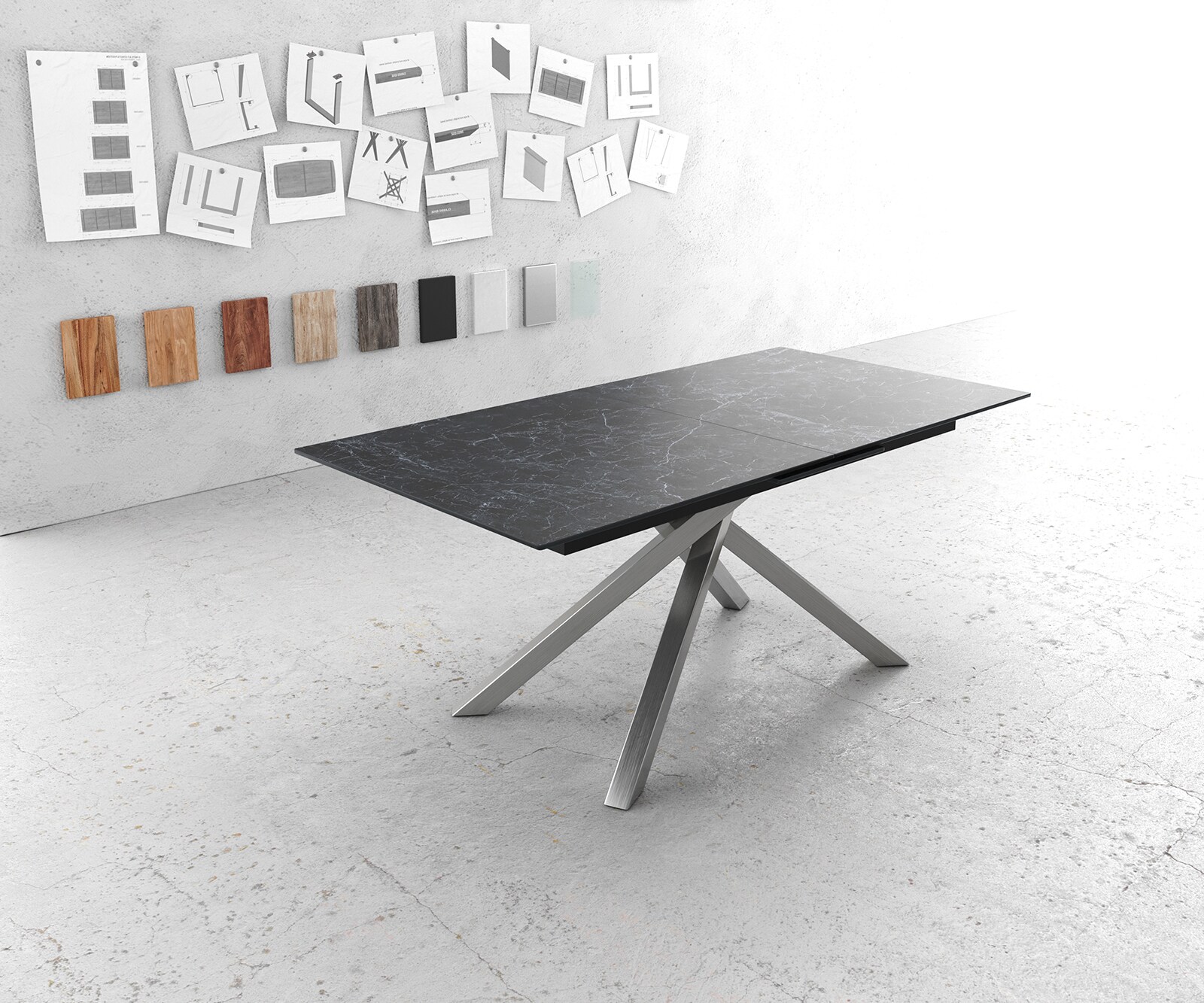 Table-à-manger Edge 180-220x100cm Laminam® céramique gris pieds milieu croisé argent 1