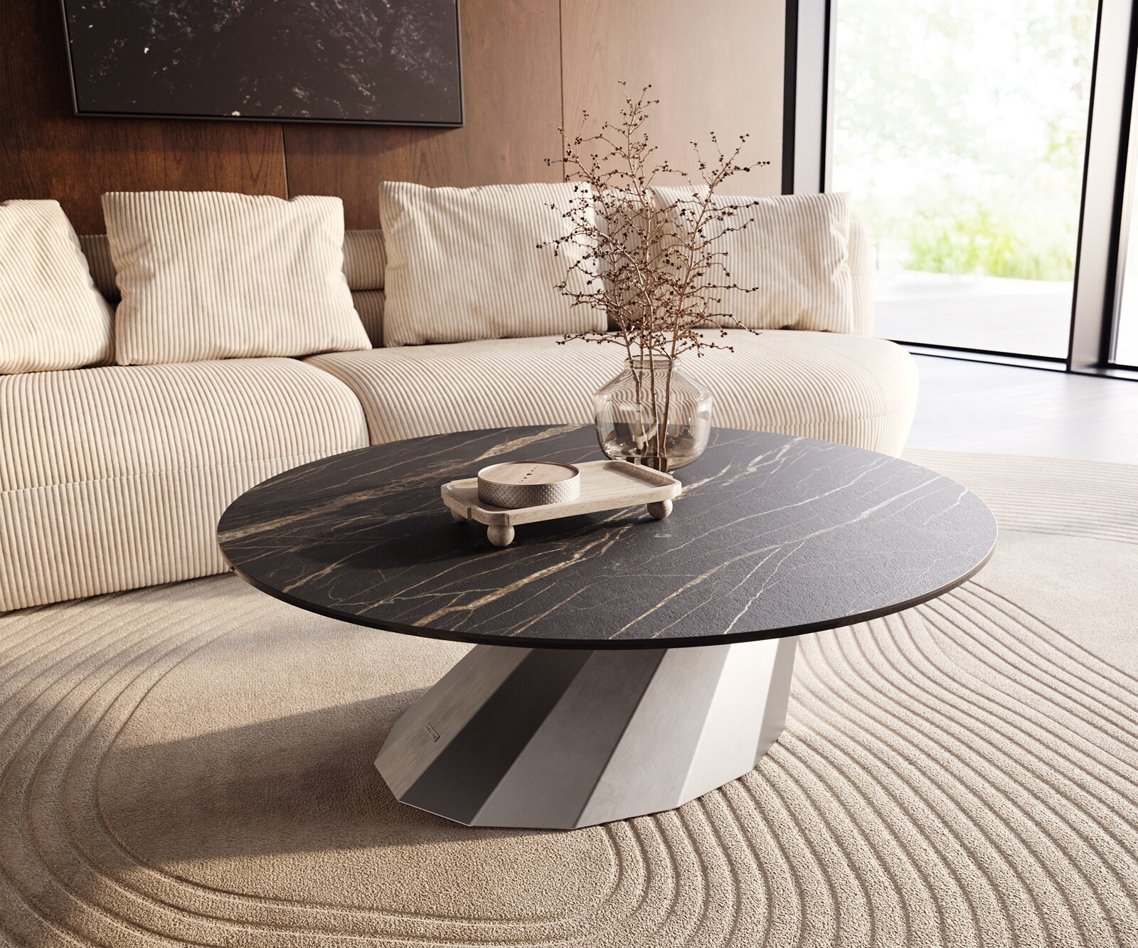 Table basse Edge rond 100x100 cm céramique Laminam® Noir Desir brun Parabi acier inoxydable brossé 1