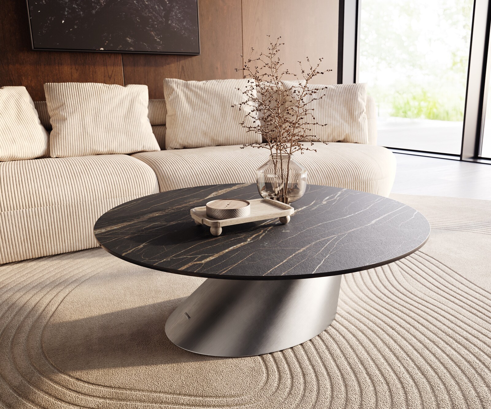 Table basse Edge rond 100x100 cm céramique Laminam® Noir Desir brun Conis acier inoxydable brossé 1
