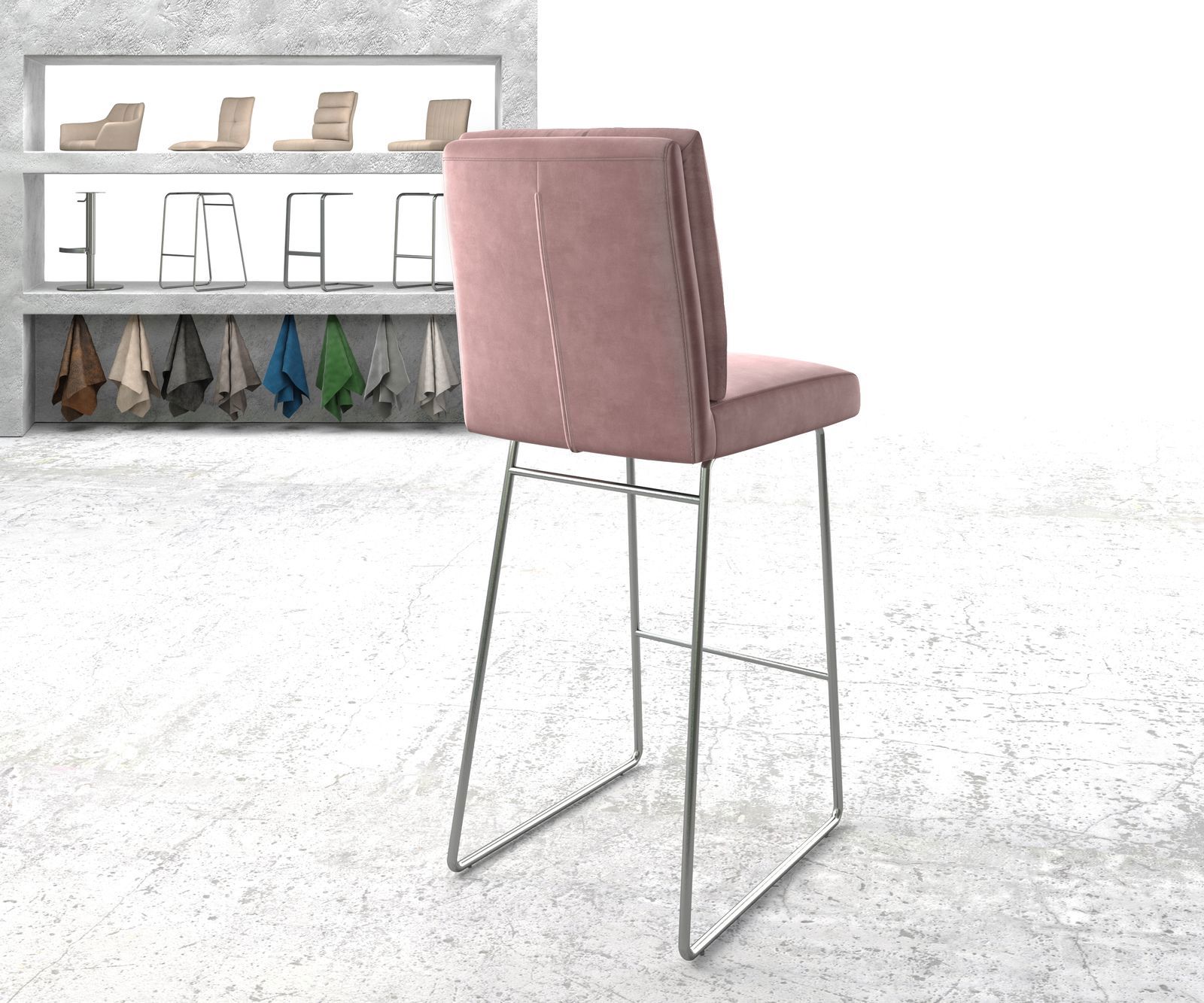 Chaise-de-bar Pela-Flex velours rosé cadre de patins acier inoxydable 2