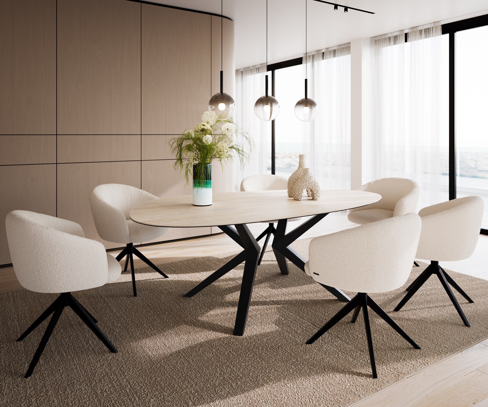 Table à manger Edge Ovale 220x120 Céramique Laminam®Travertino Bianco Crème-Blanc​ Zenthara anguleux Métal Noir 5