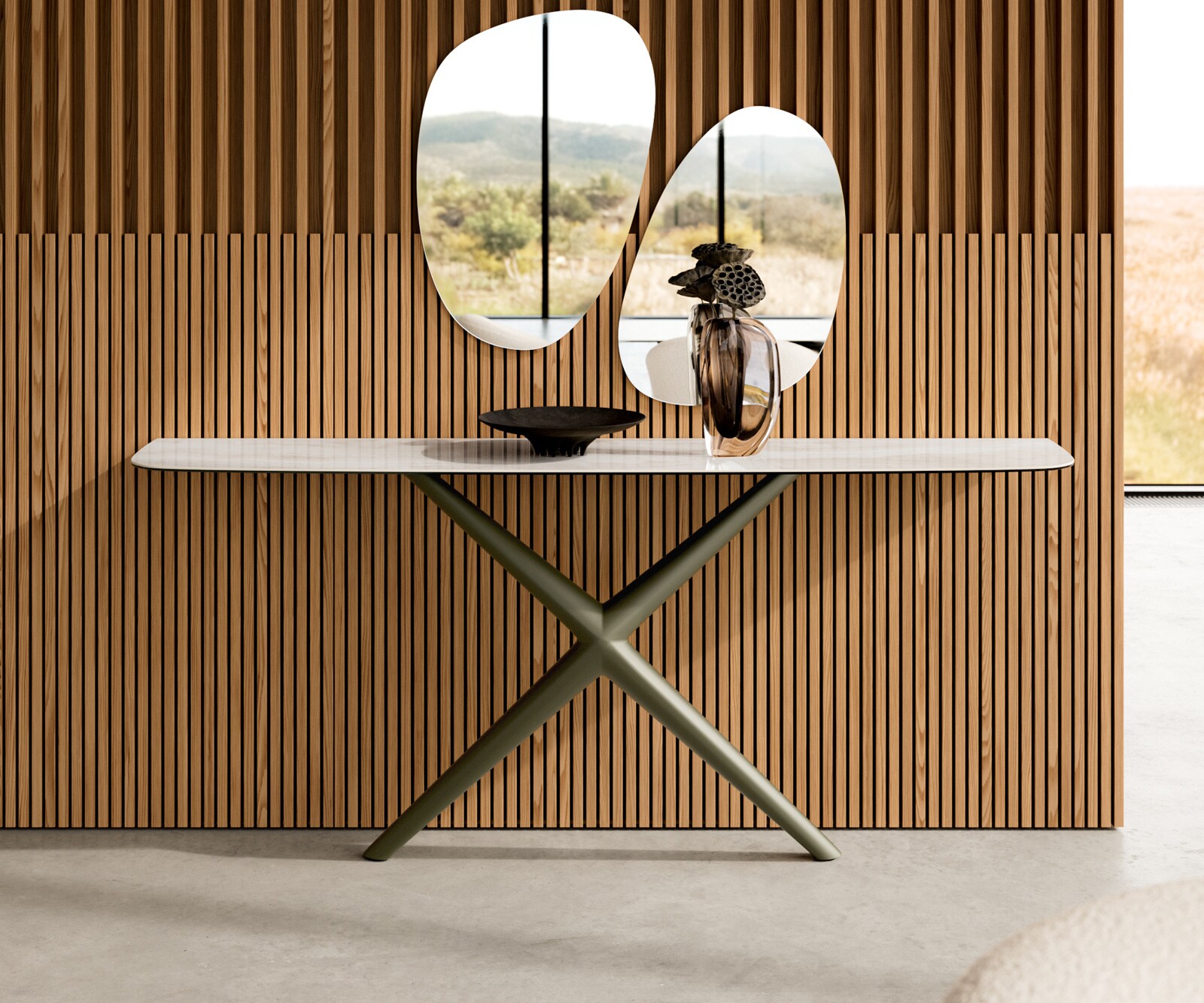 Console Edge forme bateau 180x40 cm Céramique Onyx Champagne Estelo Métal Effektfinish Titan 1