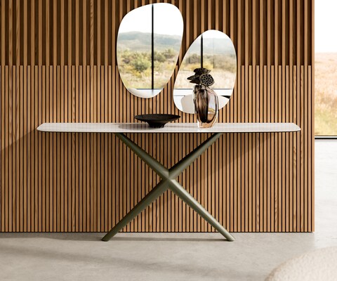 Console Edge forme bateau 180x40 cm Céramique Onyx Champagne Estelo Métal Effektfinish Titan