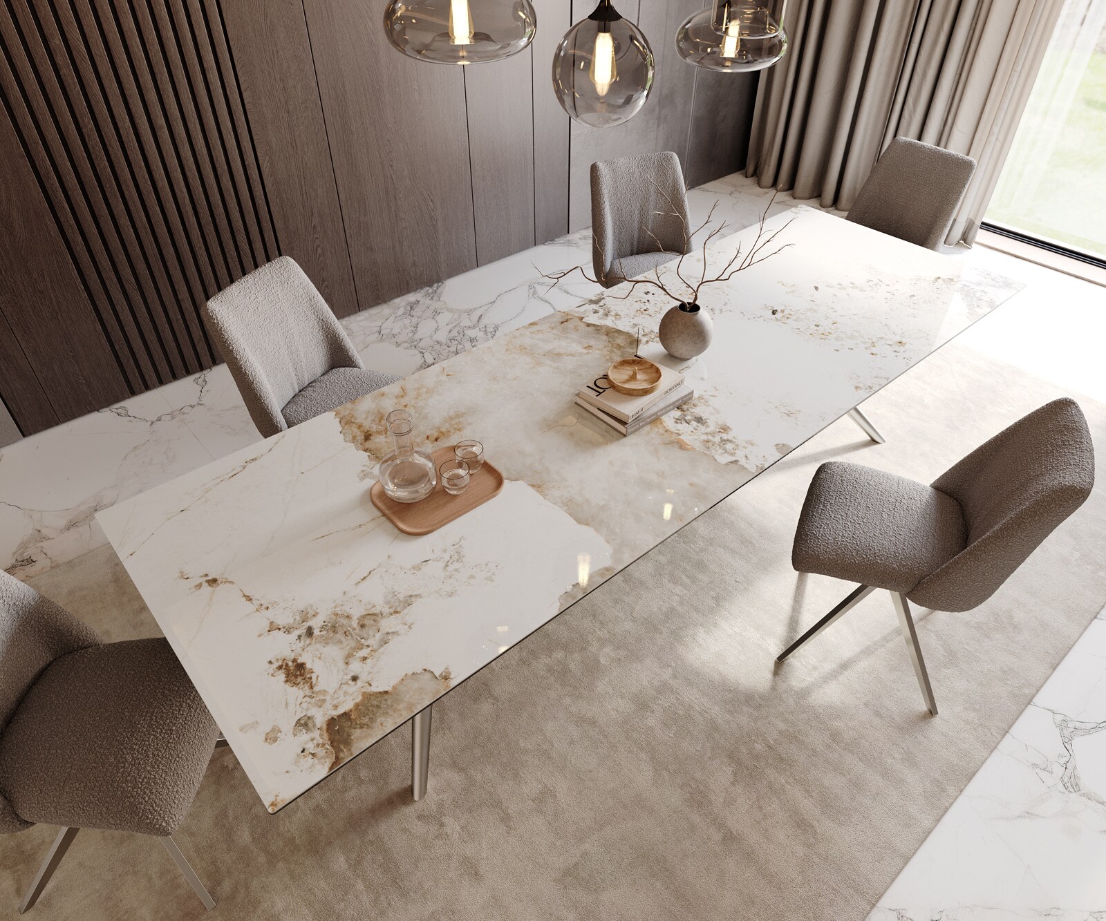 Table à manger Edge 300x100 Céramique Minas Melange Blanc-Beige Estelar rond Acier inoxydable 3