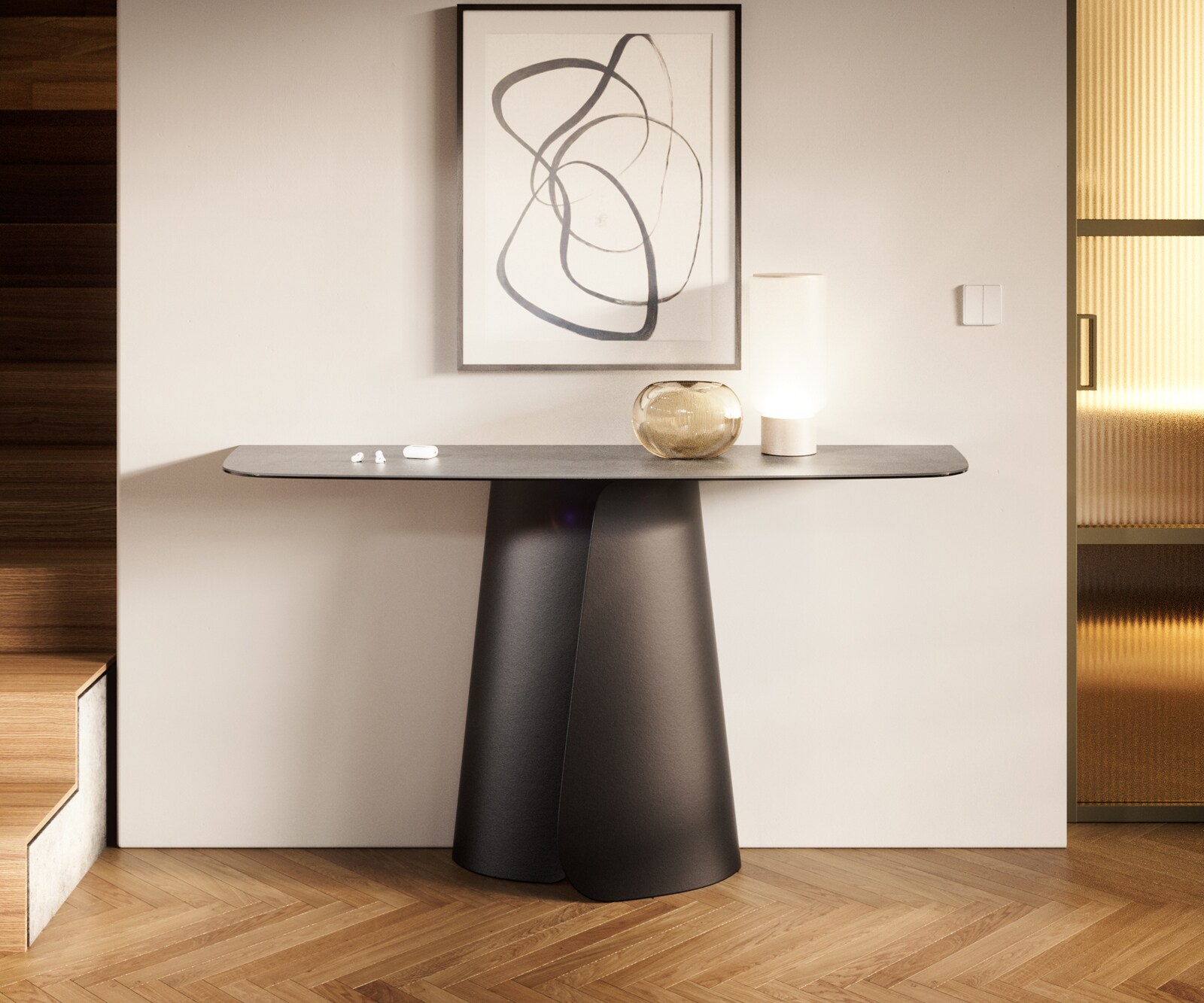 Console Edge forme bateau 140x40 cm Céramique Gris béton Livos Métal Noir 2