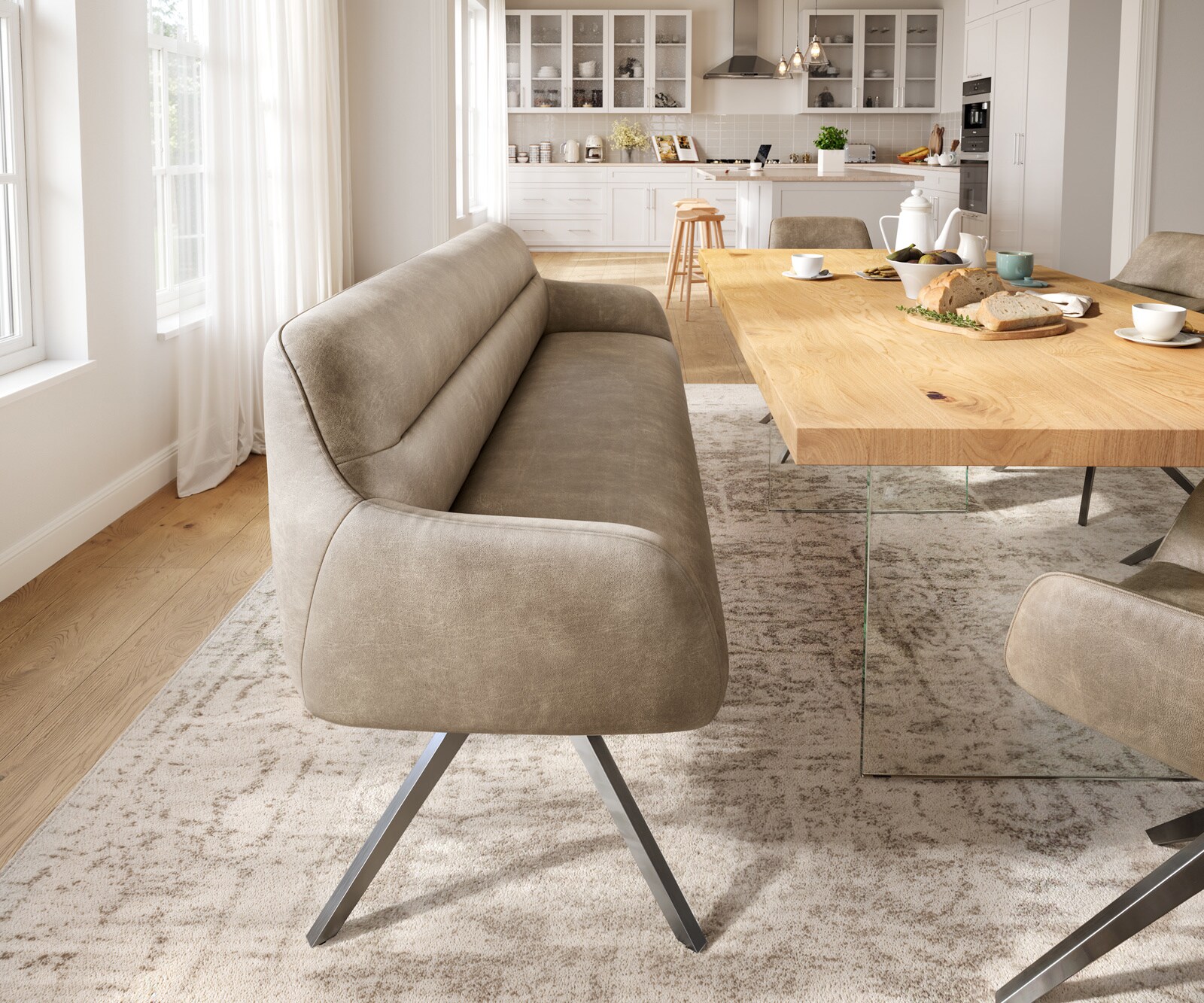 Banc-de-salle-à-manger Taya-Flex 200 cm microfibre beige vintage pied croisé angulaire grafiete ressort ensaché 1