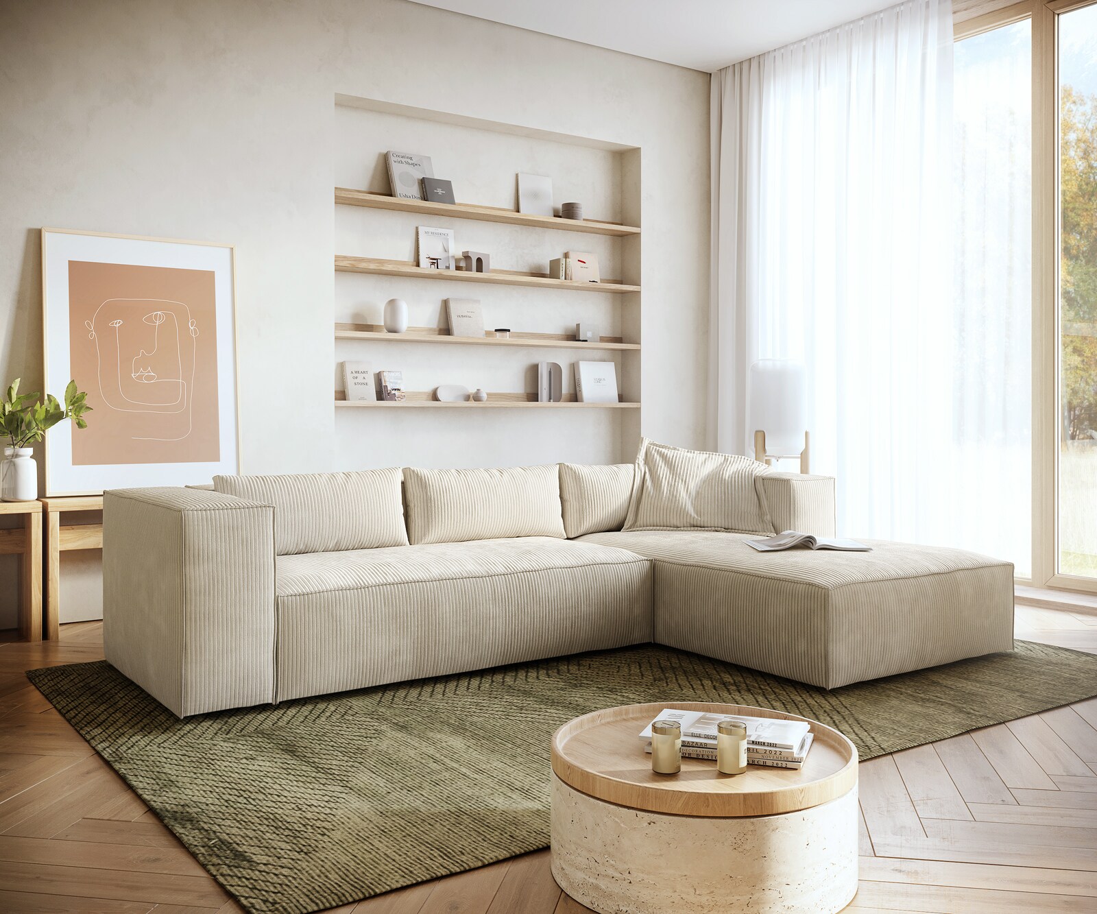 Canapé-d'angle Brom 260 x 175 cm Velours côtelé Beige Recamière à droite