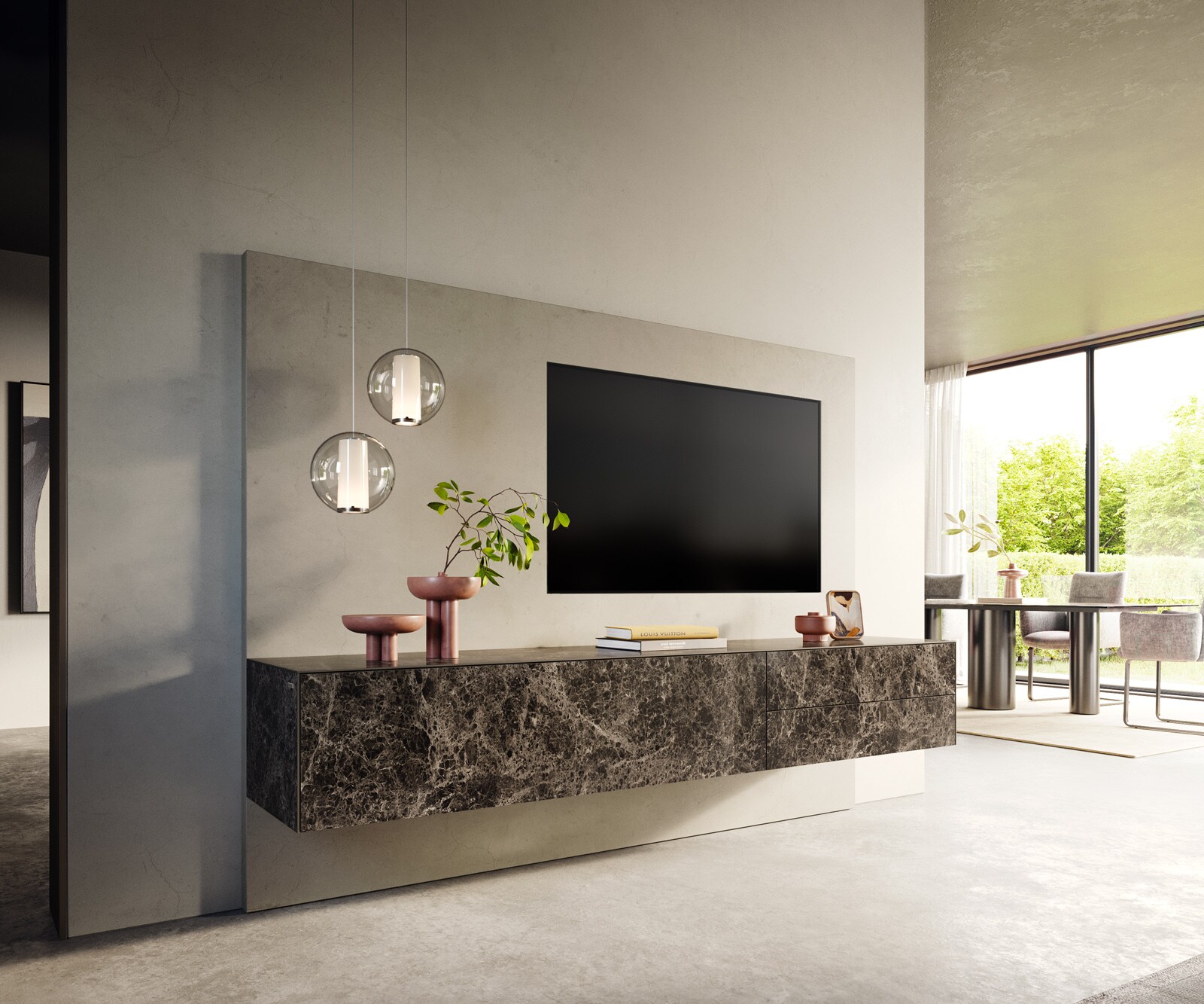 Meuble-TV Cuor 220 cm Céramique Laminam® Emperador Extra Lucidato brun foncé 1 Clapet 2 Tiroirs Flottant 1