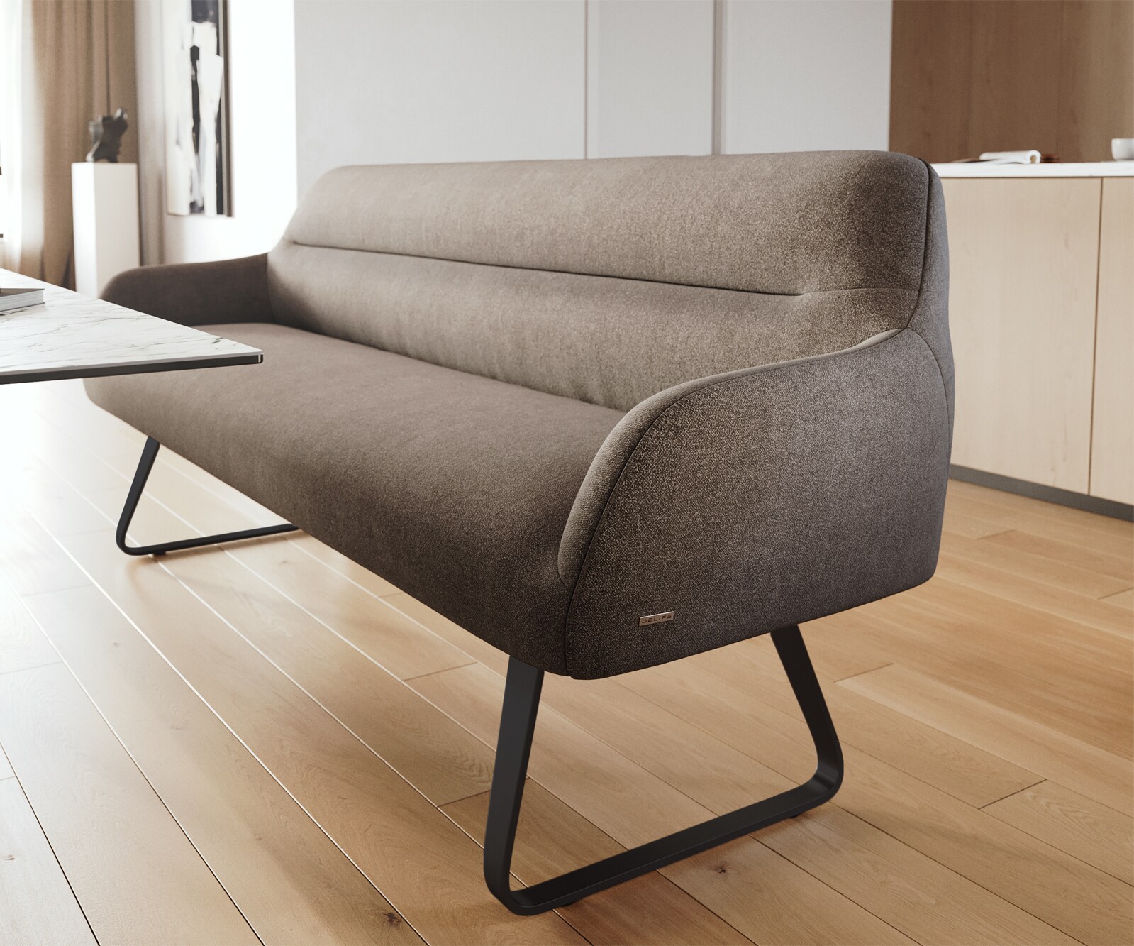 Banc-de-salle-à-manger Taya-Flex 200 cm tissu structuré doux taupe châssis à patins plat noir ressort ensaché 4