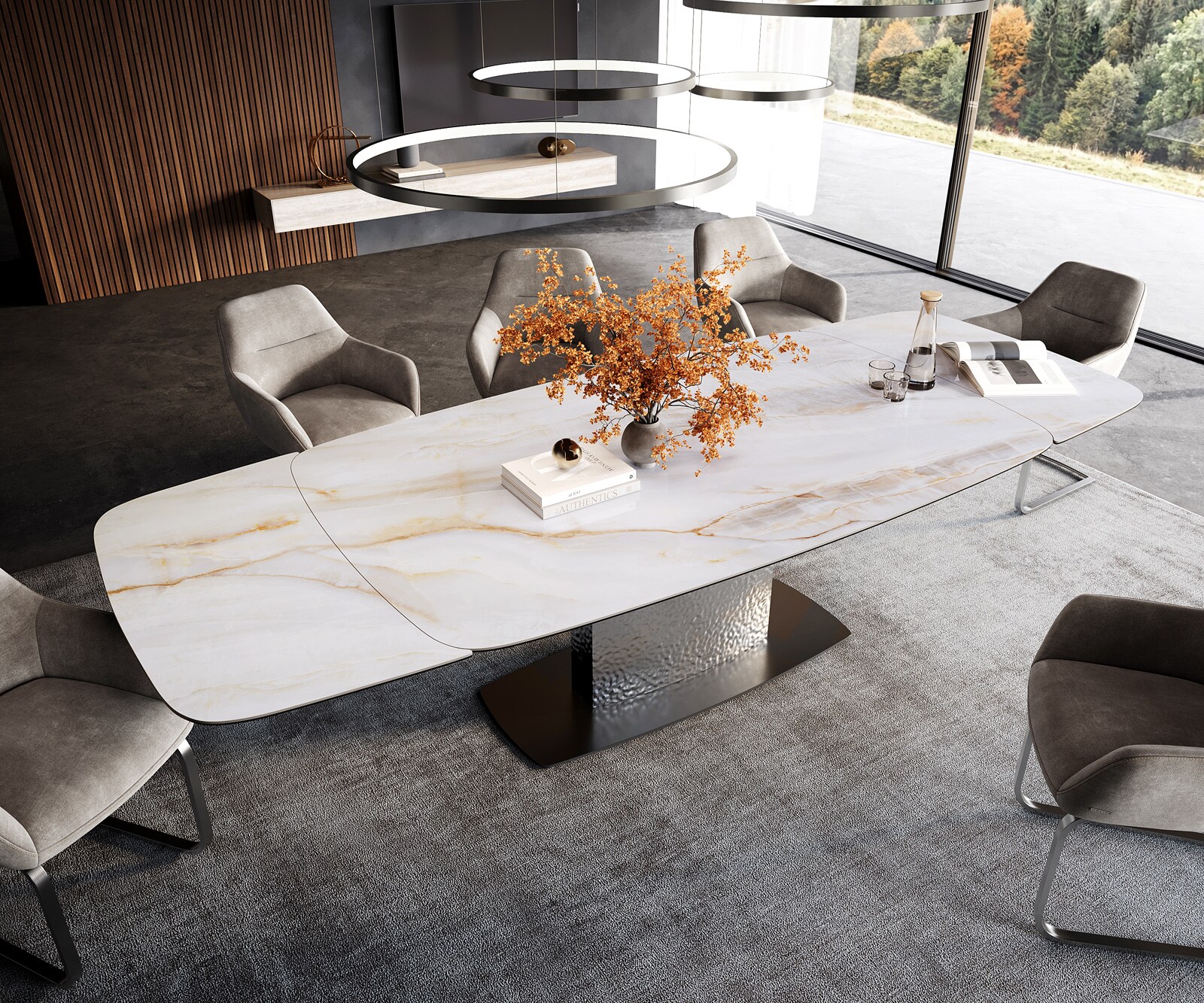 Table à manger Edge forme bateau 200-300x120 cm céramique Onyx Pearl Wave inox extensible 4
