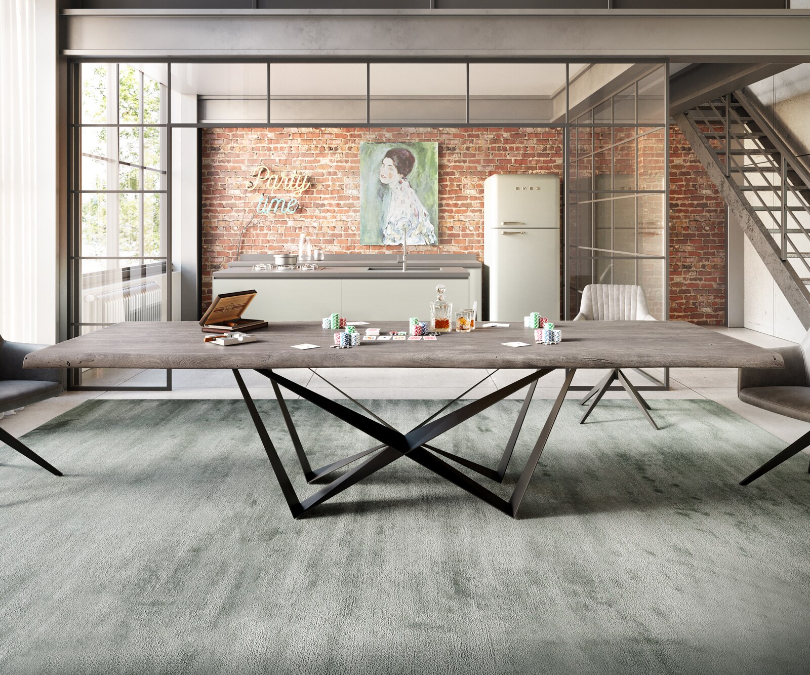 Table à manger Edge 300x100 XL acacia platine Spider acier plat noir Live-Edge 7