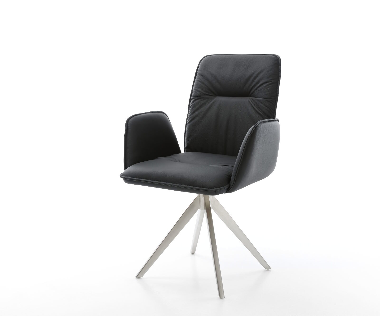 Chaise-de-salle-à-manger Vinja-Flex cuir de vache noir pied croisé angulaire acier inoxydable brossé
