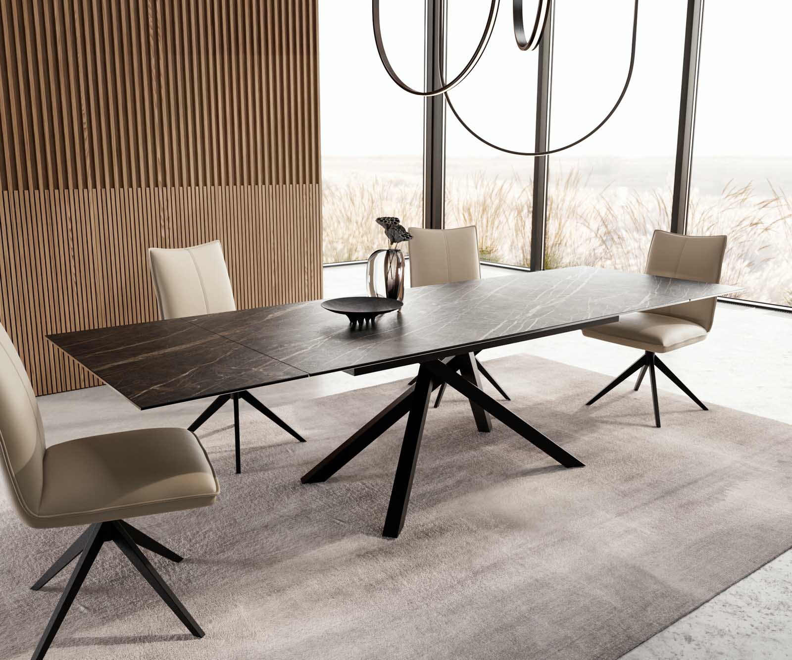 Table à manger Edge 200-300x100 céramique Laminam®Noir Desir marron cadre croisé rectangulaire noir extensible 6