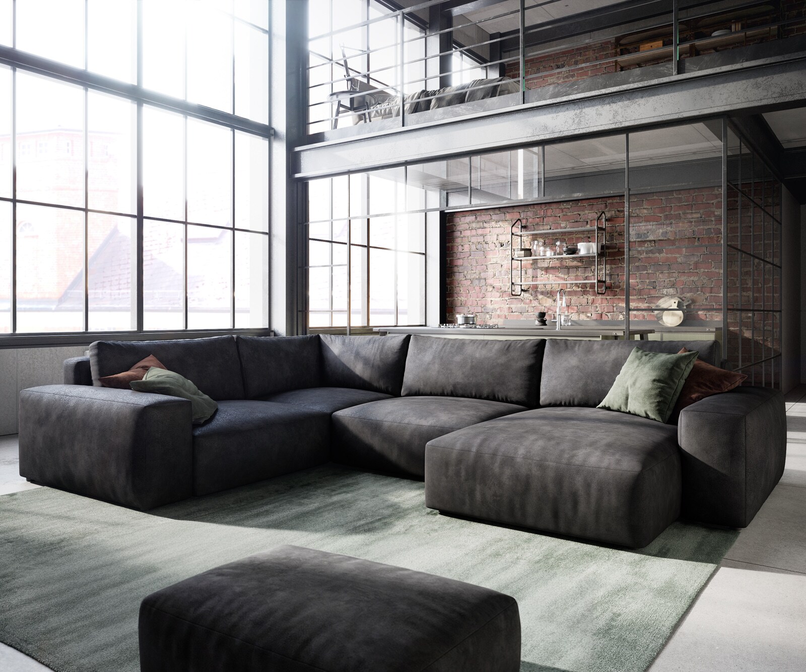 Grand canapé d’angle Lanzo 300x210 cm similicuir vintage anthracite 300x210 cm méridienne réversible avec pouf