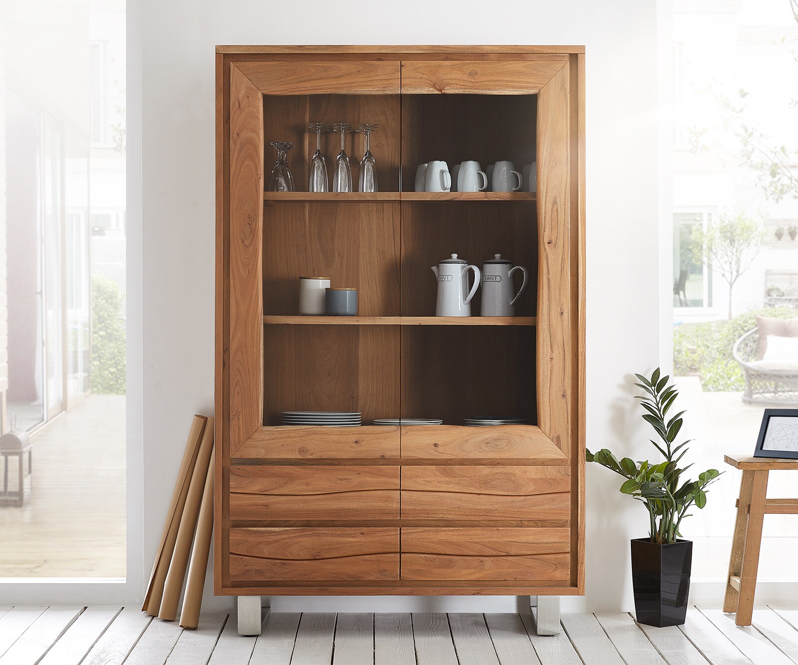 Vitrine Live-Edge 120x190 cm Acacia naturel à bords droits 2 portes 4 tiroirs Massif 1