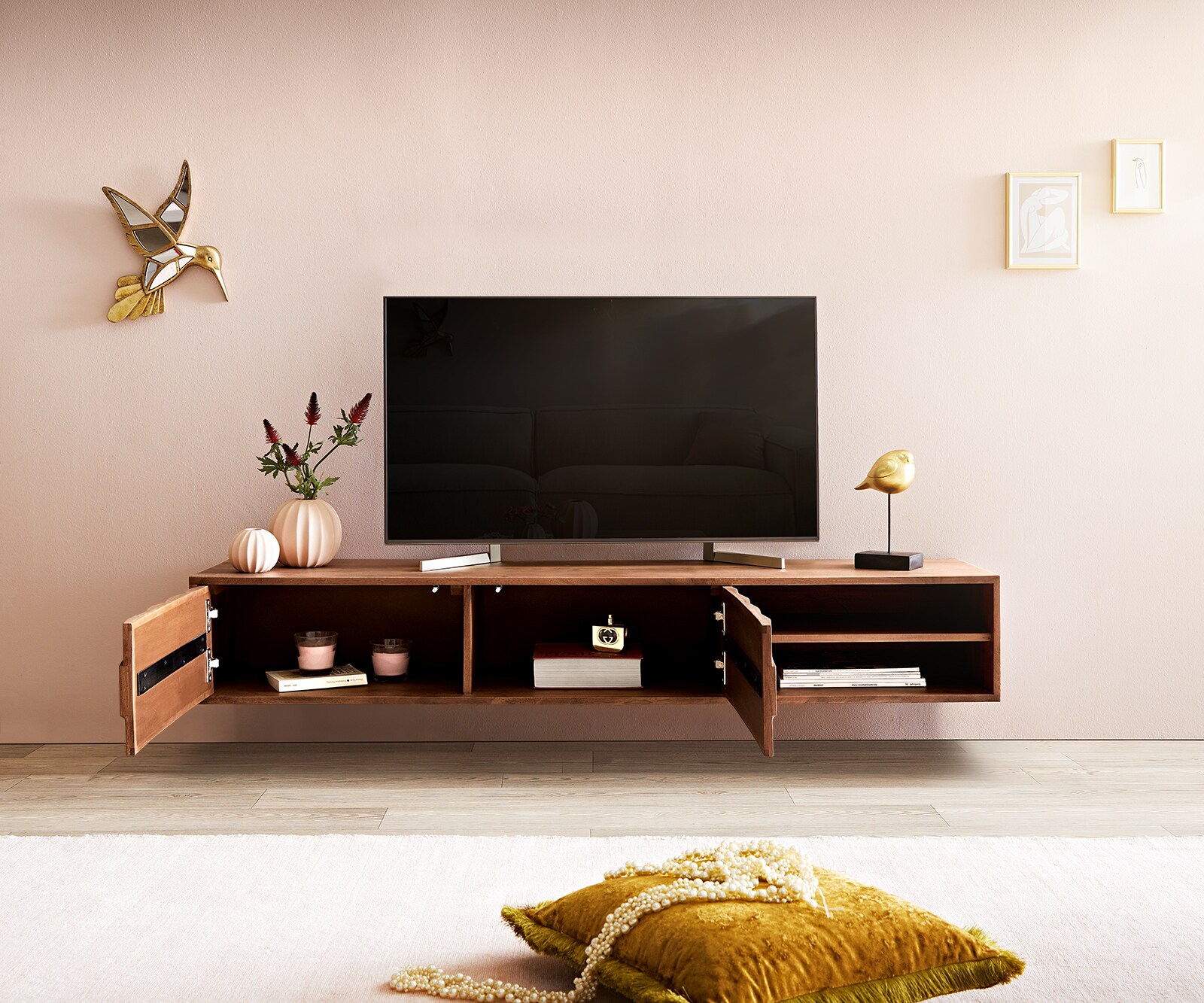 Buffet bas Fevo 160 cm acacia marron 2 portes flottant 3