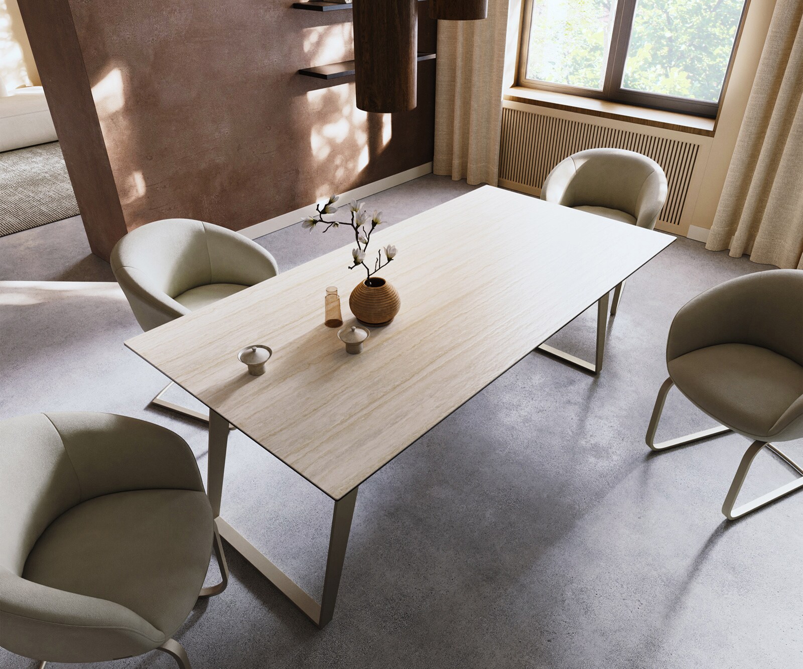 Table à manger Edge 200x100 céramique Laminam® Travertino Bianco crème-blanc métal incliné effet finition titanee 4