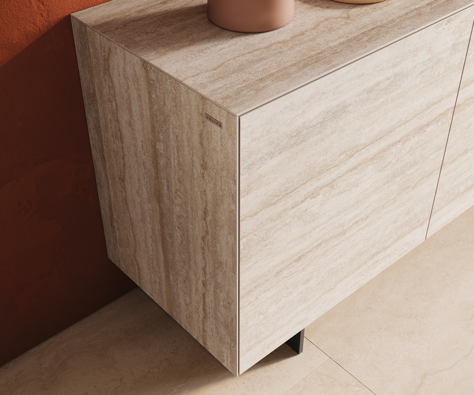 Buffet Cuor 180 cm Céramique Laminam® Travertino Bianco Crème-blanc 2 Portes 3 Tiroirs Pied optique flottant Métal Noir 5