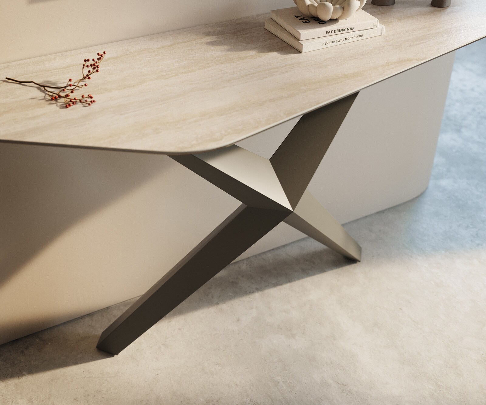 Console Edge Polygonal 140x50 cm Céramique Laminam® Travertino Bianco Creme-Weiß Zentharo Métal Effektfinish Titan 6