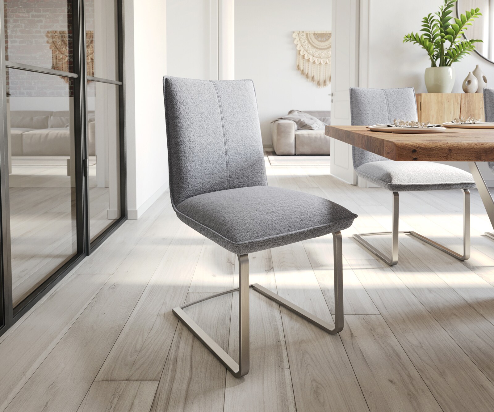 Cantilever Lelio-Flex tissu texturé gris clair pied cantilever plat acier inoxydable brossé ressorts ensachés