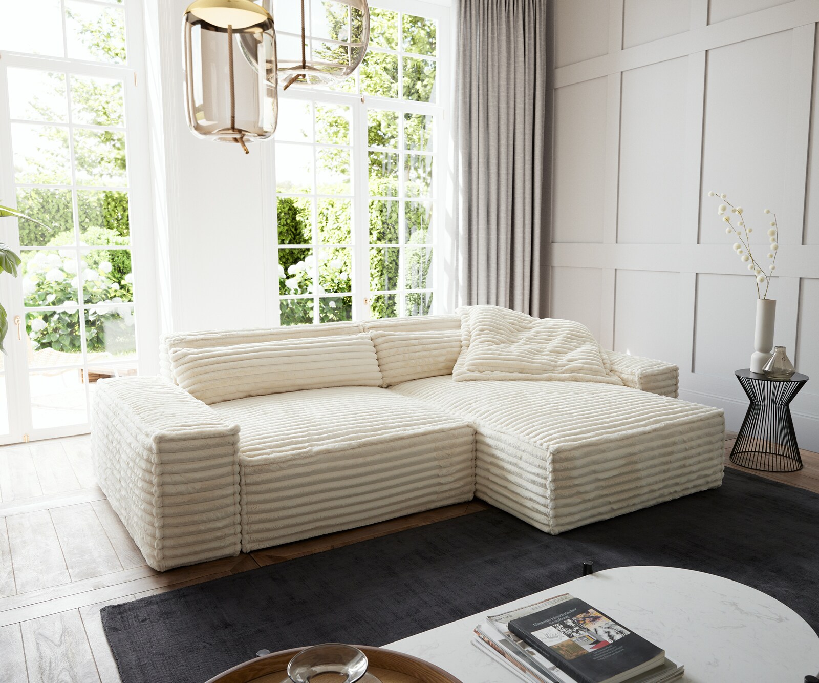 Canapé d'angle Sirpio XL 270x170 cm velours côtelé Beige Recamière variable