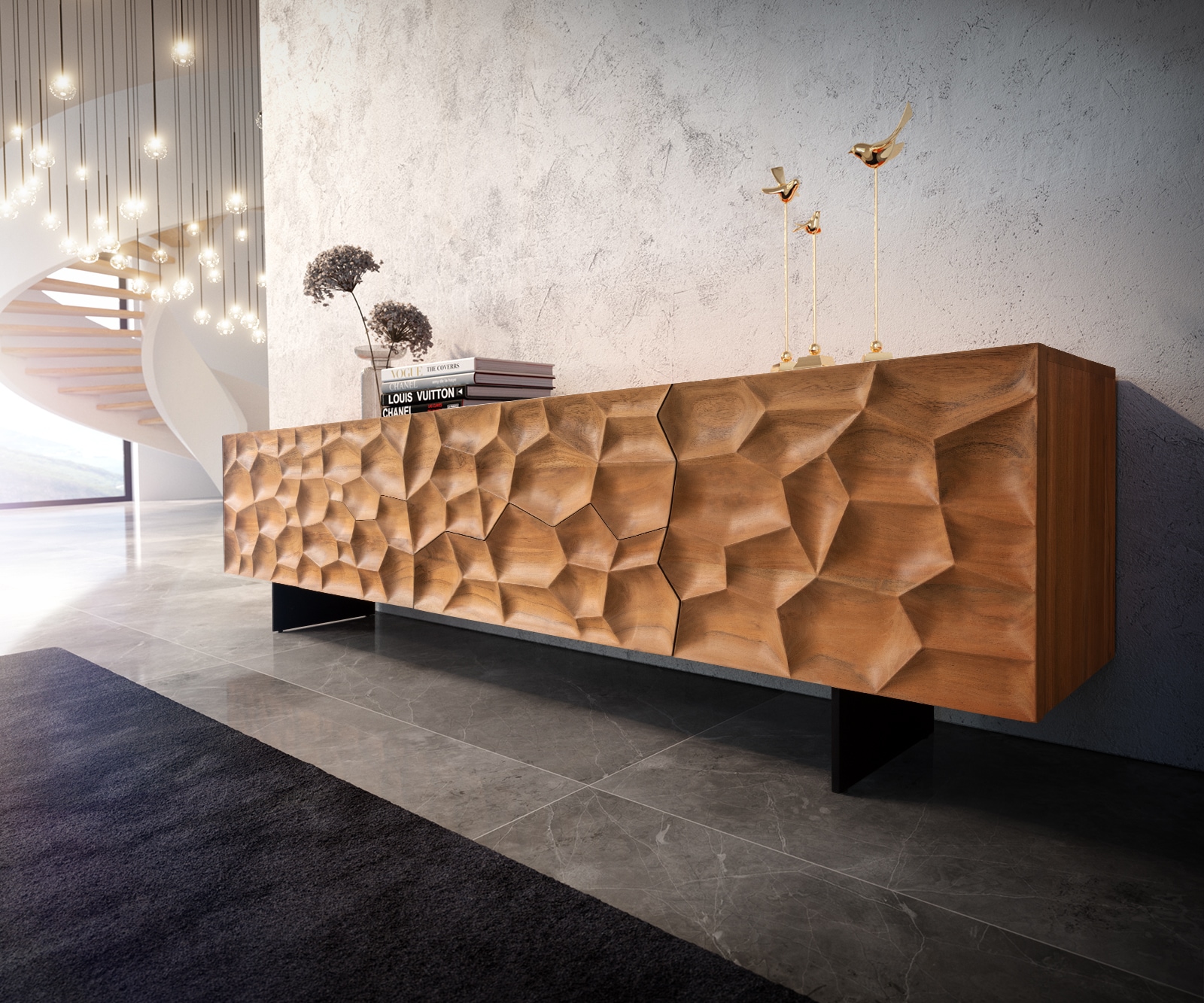 Meuble-TV Solu 220 cm acacia naturel 2 portes 4 tiroirs pied flottant métal noir façade 3D Meuble-TV Solu 220 cm acacia naturel 2 portes 4 tiroirs pied flottant métal noir façade 3D